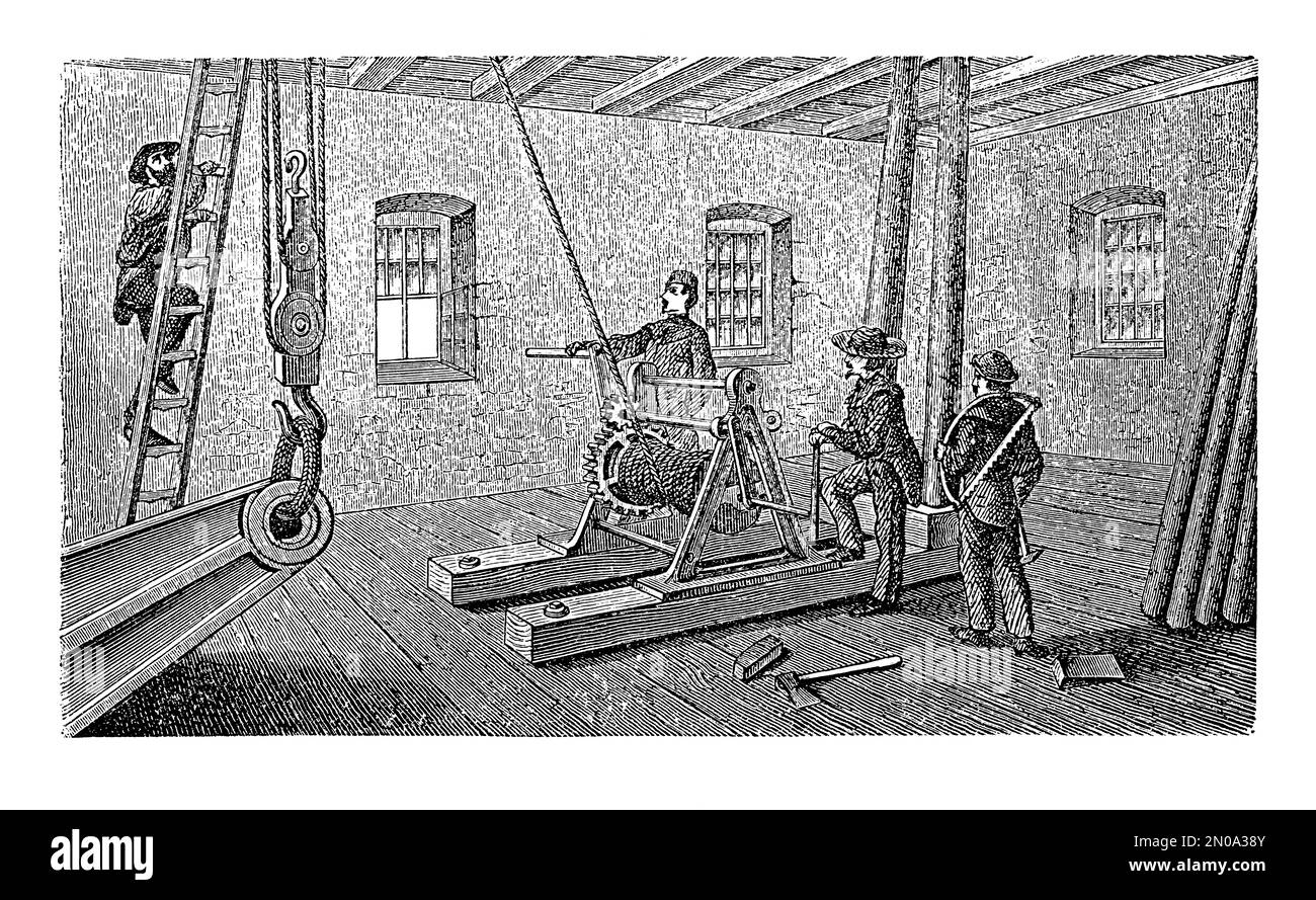 incisione del 19th° secolo di una bobina da miniera. Pubblicato in Systematischer Bilder-Atlas zum Conversations-Lexikon, Ikonographische Encyklopedie der Wisslen Foto Stock