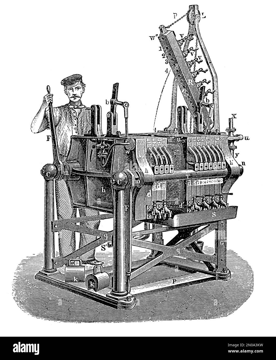 incisione del 19th° secolo di una filtropressa. Pubblicato in Systematischer Bilder-Atlas zum Conversations-Lexikon, Ikonographische Encyklopedie der Wissle Foto Stock