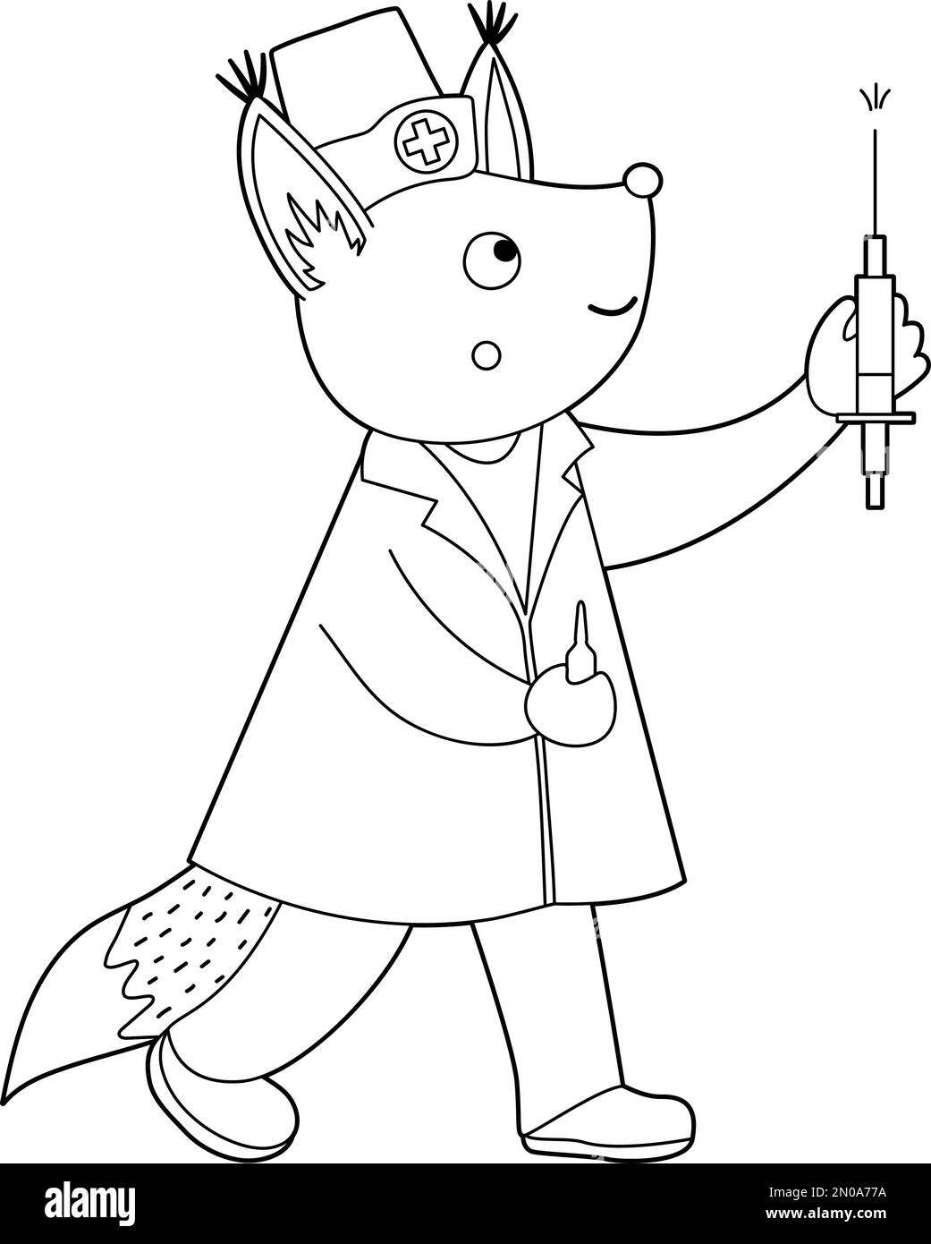 Vettore contorno medico animale. Scoiattolo simpatico e divertente con siringa. Pagina di colorazione medica per bambini. Illustrazione dell'ospedale isolata sulla parte posteriore bianca Illustrazione Vettoriale