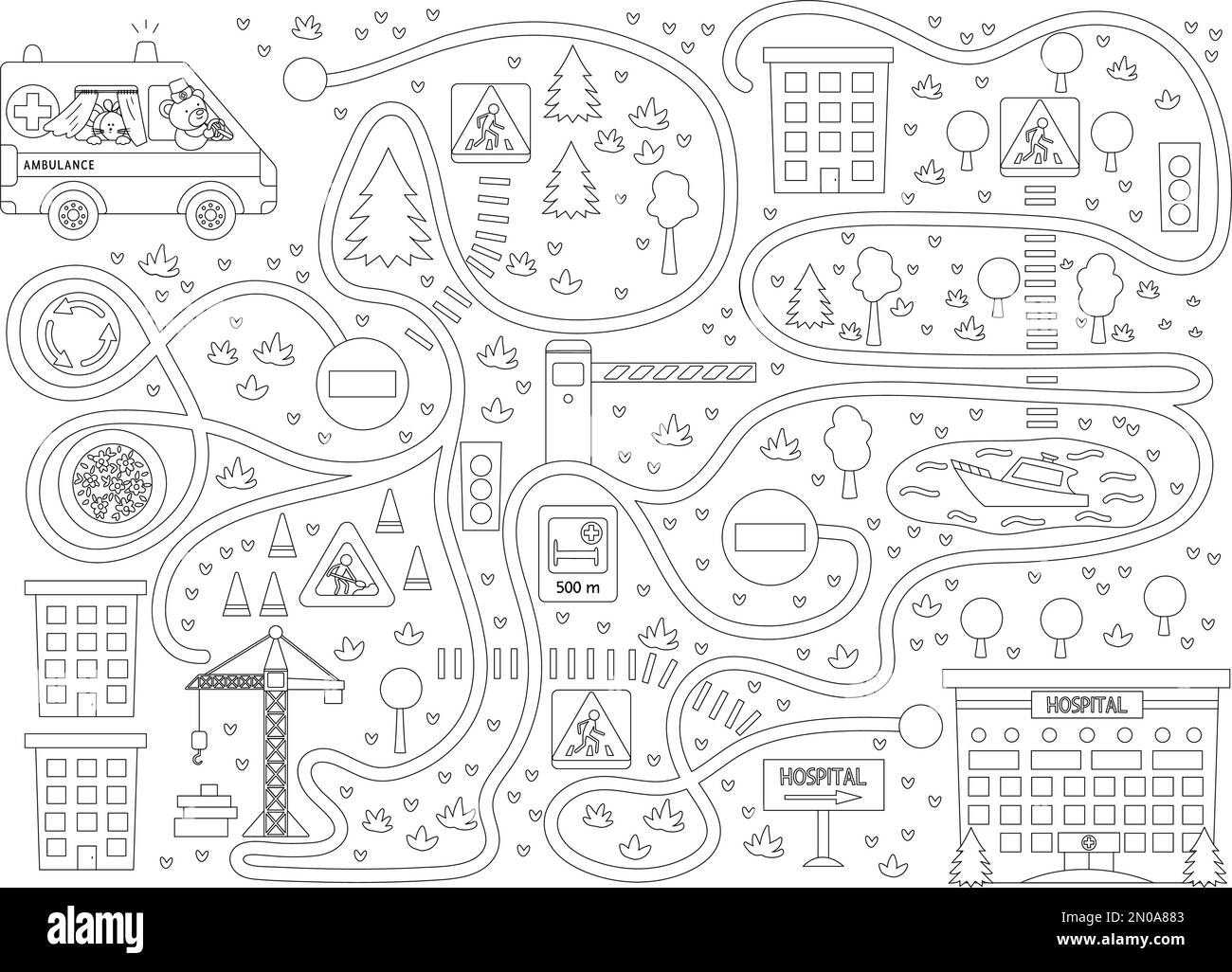 Labirinto medico per bambini su sfondo nero. Attività di medicina prescolare. Divertente gioco di puzzle con carino auto di emergenza e clinica. Aiutare l'ambulanza g Illustrazione Vettoriale