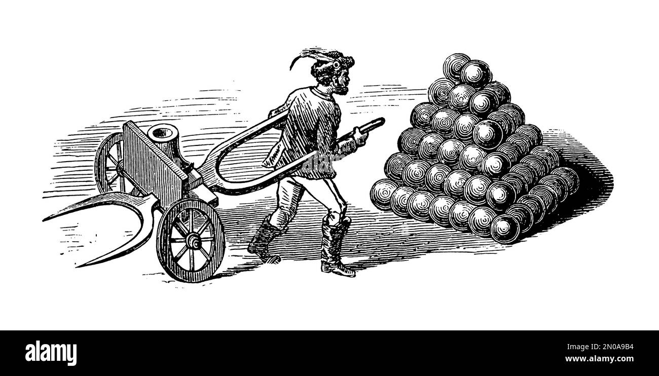 Antica incisione raffigurante artiglieria tedesca, francese e italiana e strumenti del XVI, XVII e XVIII secolo: Mortai a 20 poppatori, tombola, catapulta, f Foto Stock