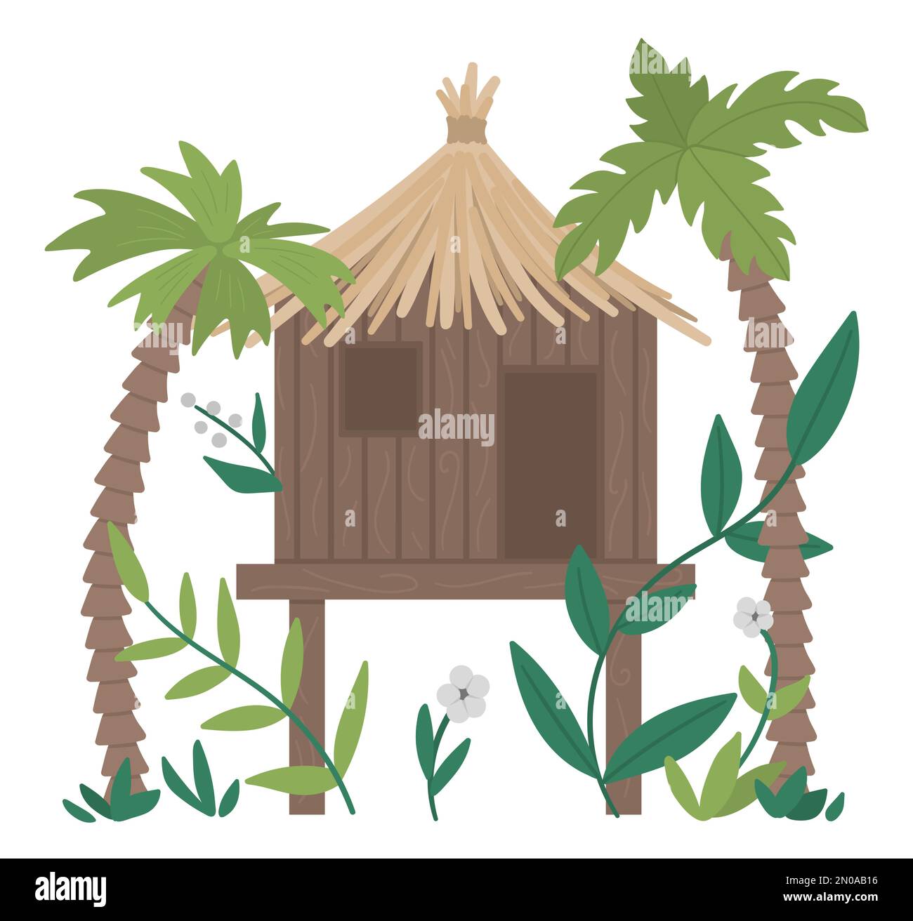 Illustrazione vettoriale della giungla con palme e foglie isolate su sfondo bianco. Bungalow tropicale su palafitte foto. Carino divertente hou esotico Illustrazione Vettoriale