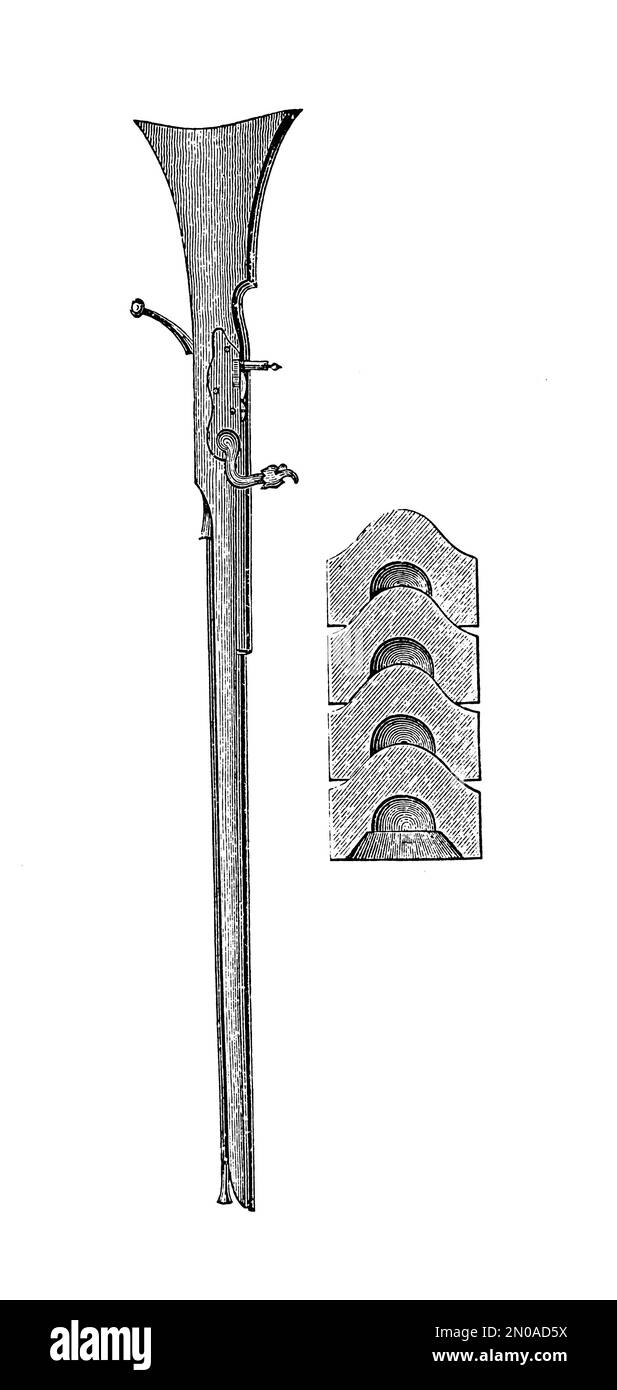 Antica incisione del 19th° secolo raffigurante fucili e munizioni, XIX secolo - fucile Cossacks, fucile fiammiferi, revolver Lefaucheux, cartucce, caniste Foto Stock