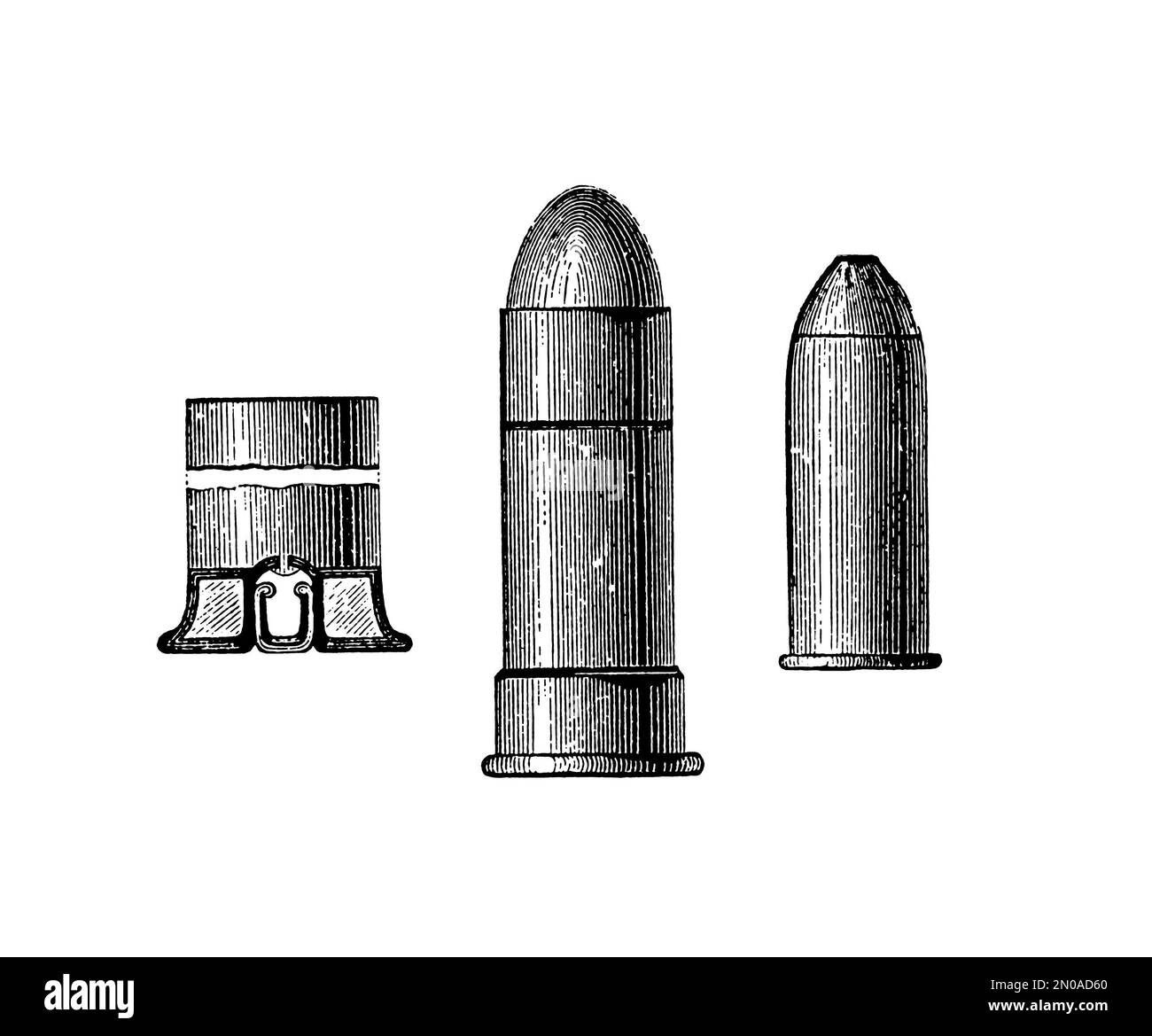 Antica incisione del 19th° secolo raffigurante fucili e munizioni, XIX secolo - fucile Cossacks, fucile fiammiferi, revolver Lefaucheux, cartucce, caniste Foto Stock