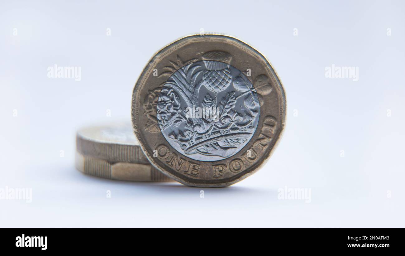 British One Pound Coin primo piano foto di denaro in costo di vivere crisi Foto Stock