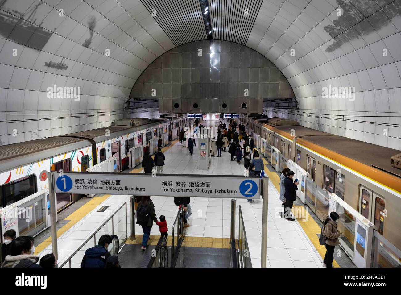 Yokohama, Prefettura di Kanagawa, Giappone. 5th Feb, 2023. Il livello della piattaforma della stazione di Motomachi-Chukagai. (å…ƒç”ºãƒ»ä¸-è¯è¡-é§…) Con un treno di proprietà di Tokyu Corporation (a sinistra) e un treno di proprietà della metropolitana di Tokyo (a destra) che passa attraverso il servizio di corsa per la Chinatown di Yokohama attraverso la linea pubblica della metropolitana di Tokyo Fukutoshin e la linea Tokyu Toyoko. La linea Minato Mirai, conosciuta in giapponese come Æ¸¯ã¿ã‚ ã„·š ( Minato Mirai-sen), è una linea di transito rapido situata a Yokohama, Giappone. E' di proprietà della metropolitana municipale di Yokohama ma gestita dalla Tokyu Corporation e collega il centro di Yokohama con la M. Foto Stock