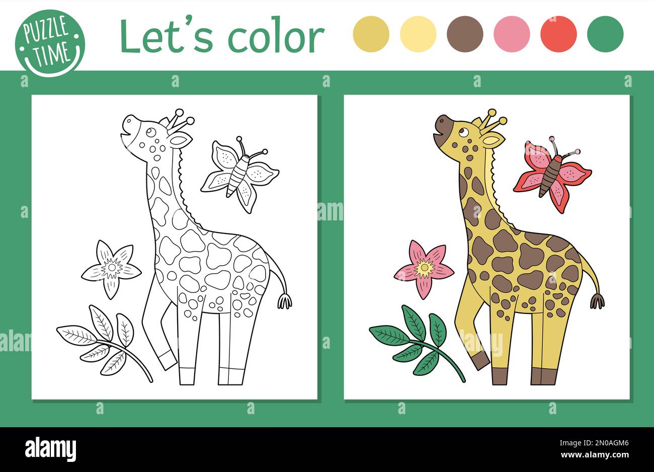 Pagina da colorare tropicale per bambini. Illustrazione della giraffa vettoriale. Cute carattere animale divertente contorno. Jungle estate libro a colori per bambini con colorato Illustrazione Vettoriale