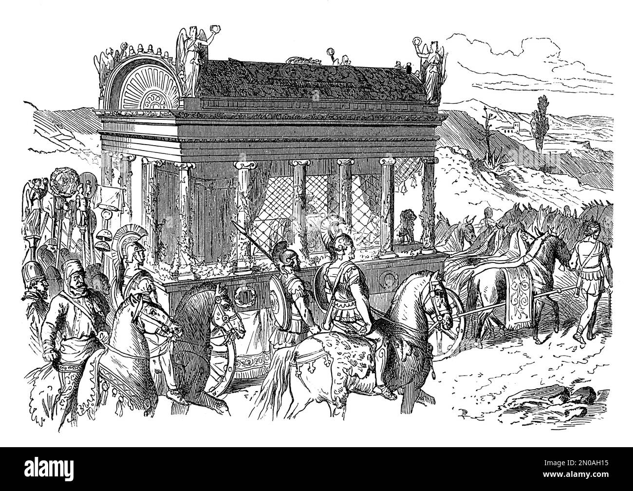 Illustrazione del 19th° secolo della sepoltura di Alessandro Magno, avvenuta a Babilonia nel 323 a.C. Incisione pubblicata su Systematischer Bilder at Foto Stock
