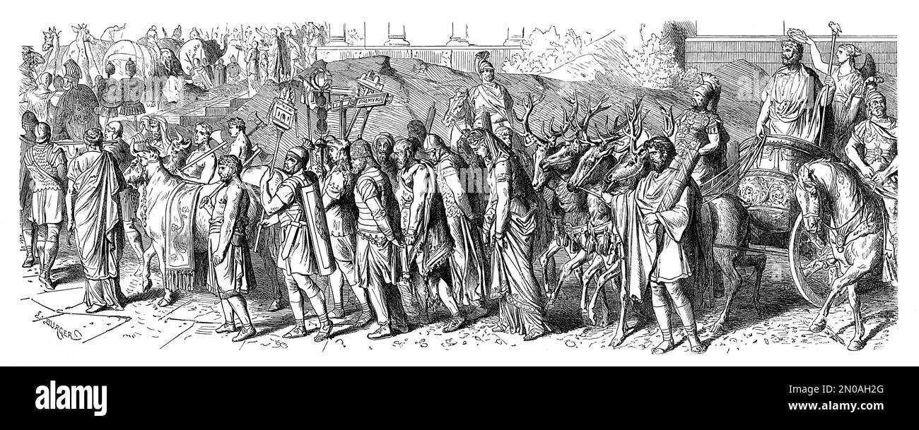 Incisione del 19th° secolo del trionfo romano di Aureliano, imperatore romano dal 270 al 275. Illustrazione pubblicata in Systematischer Bilder Atlas - Kriegwesen Foto Stock