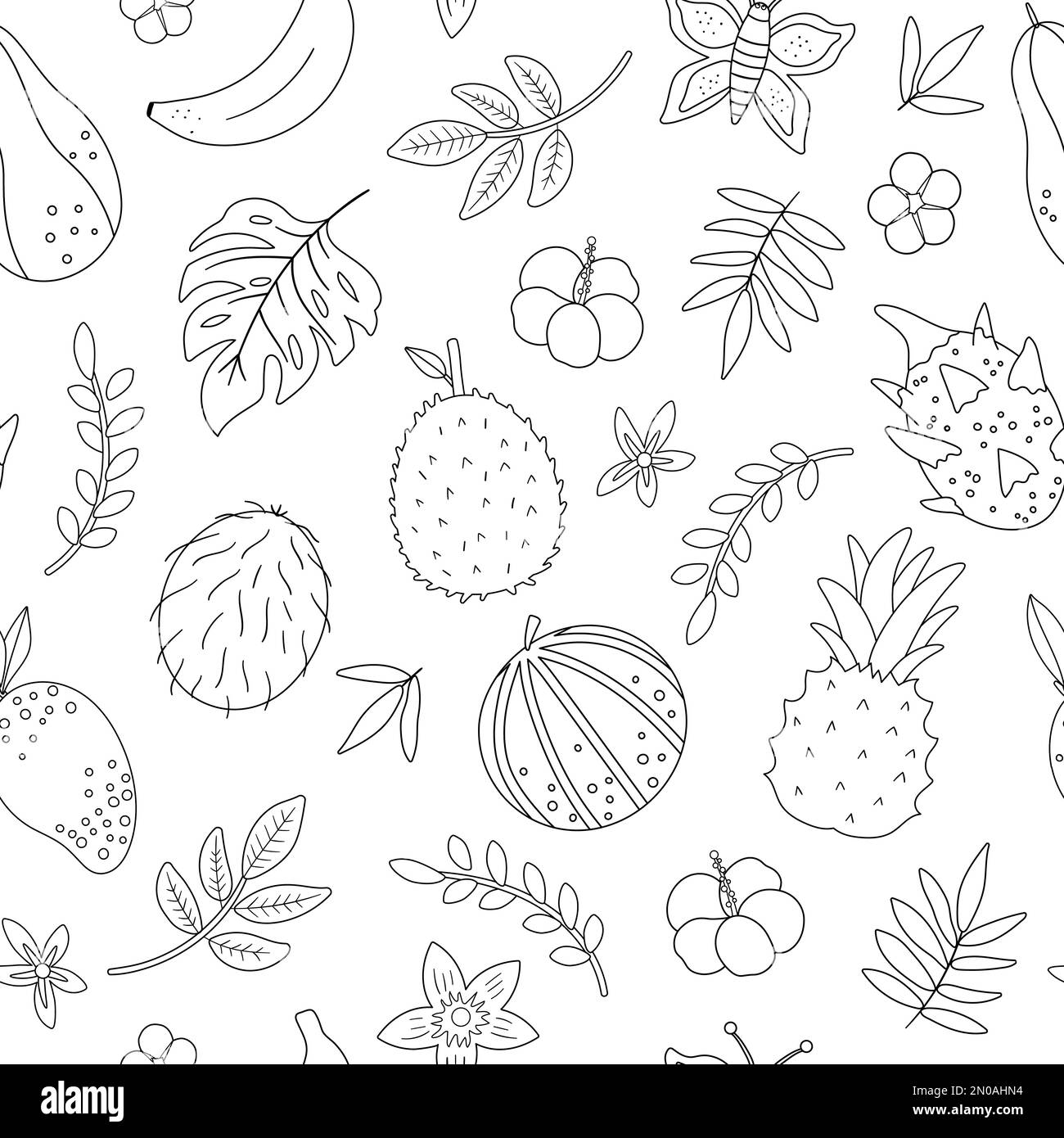 Motivo vettoriale tropicale bianco e nero senza cuciture con frutta, fiori e foglie. Fogliame della giungla e carta digitale floreale. Piante esotiche disegnate a mano ba Illustrazione Vettoriale