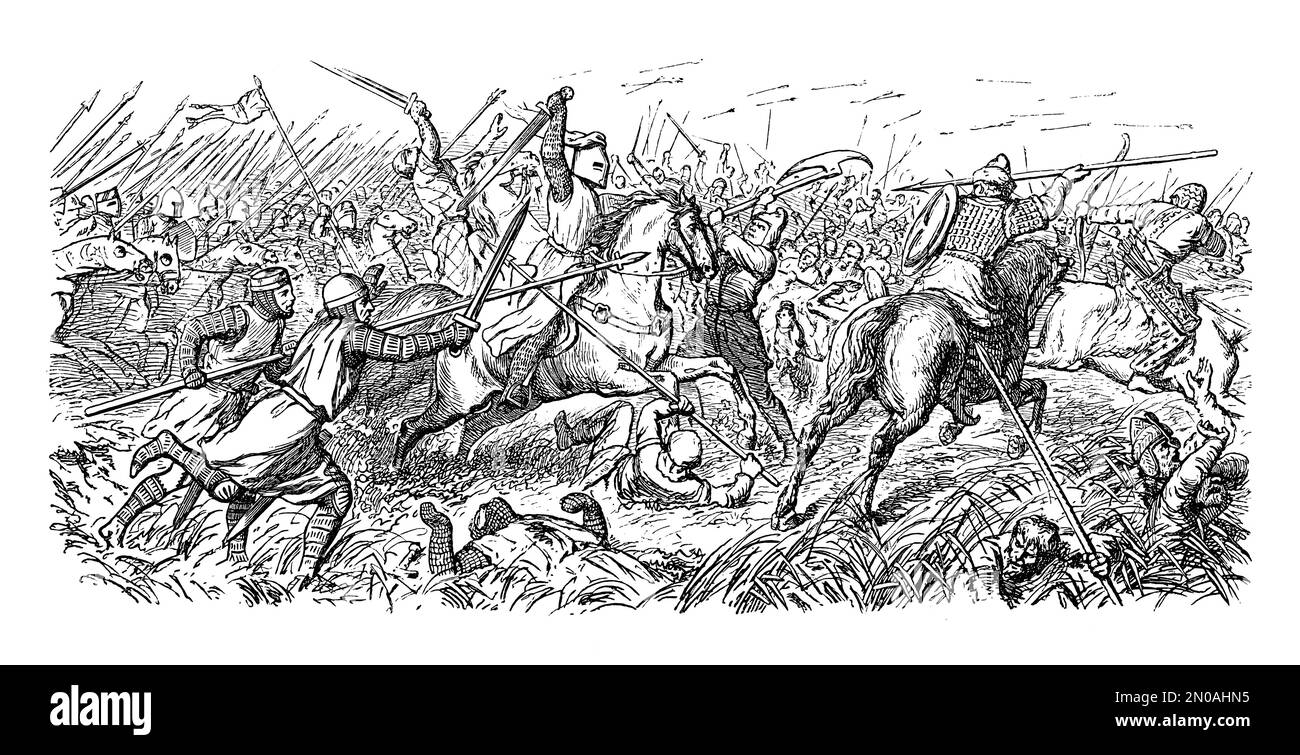 Antica illustrazione della battaglia di Legnica tra l'Impero Mongolo e le forze difensive dei combattenti europei che si è svolta il 9 aprile 1241. Foto Stock