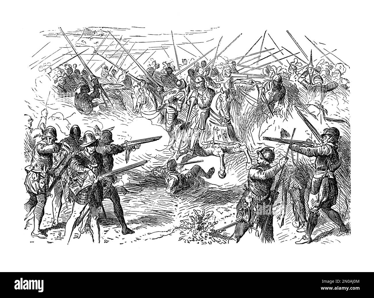 Illustrazione del 19th° secolo della Battaglia di Pavia, combattuta il 24 febbraio 1525. L'esercito spagnolo-imperiale attaccò l'esercito francese al di fuori della città di wal Foto Stock