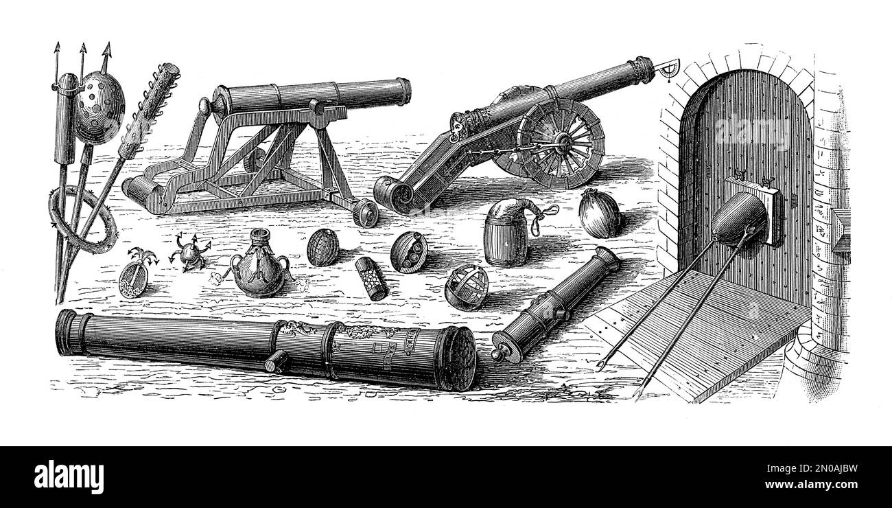Antica illustrazione del 19th° secolo raffigurante armi e too di artiglieria tedesca e prussiana (XVII-XVIII secolo): Cannoni da 12 e 40 pozzi, armi da fuoco, Foto Stock