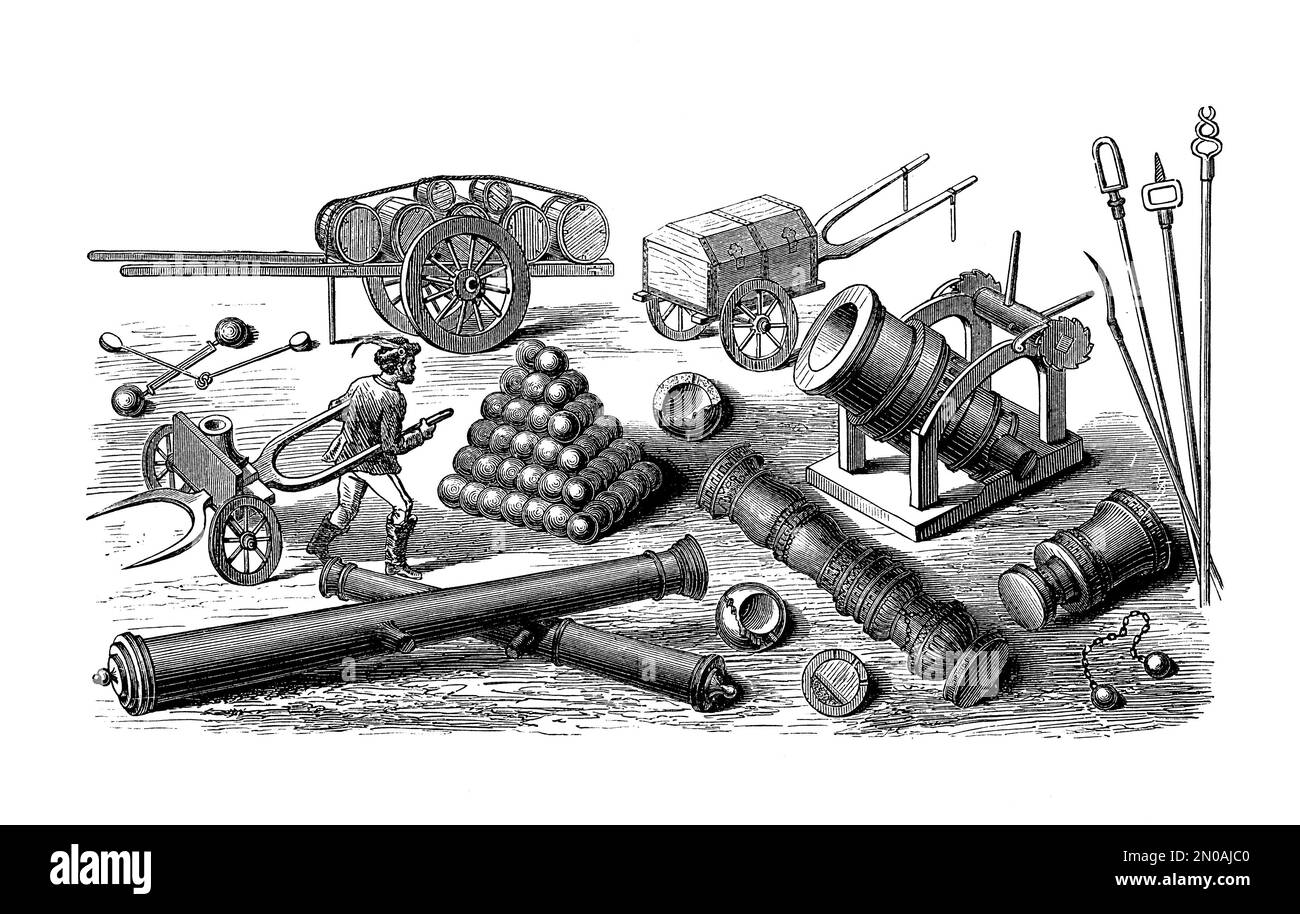 Antica incisione raffigurante artiglieria tedesca, francese e italiana e strumenti del XVI, XVII e XVIII secolo: Mortai a 20 poppatori, tombola, catapulta, f Foto Stock