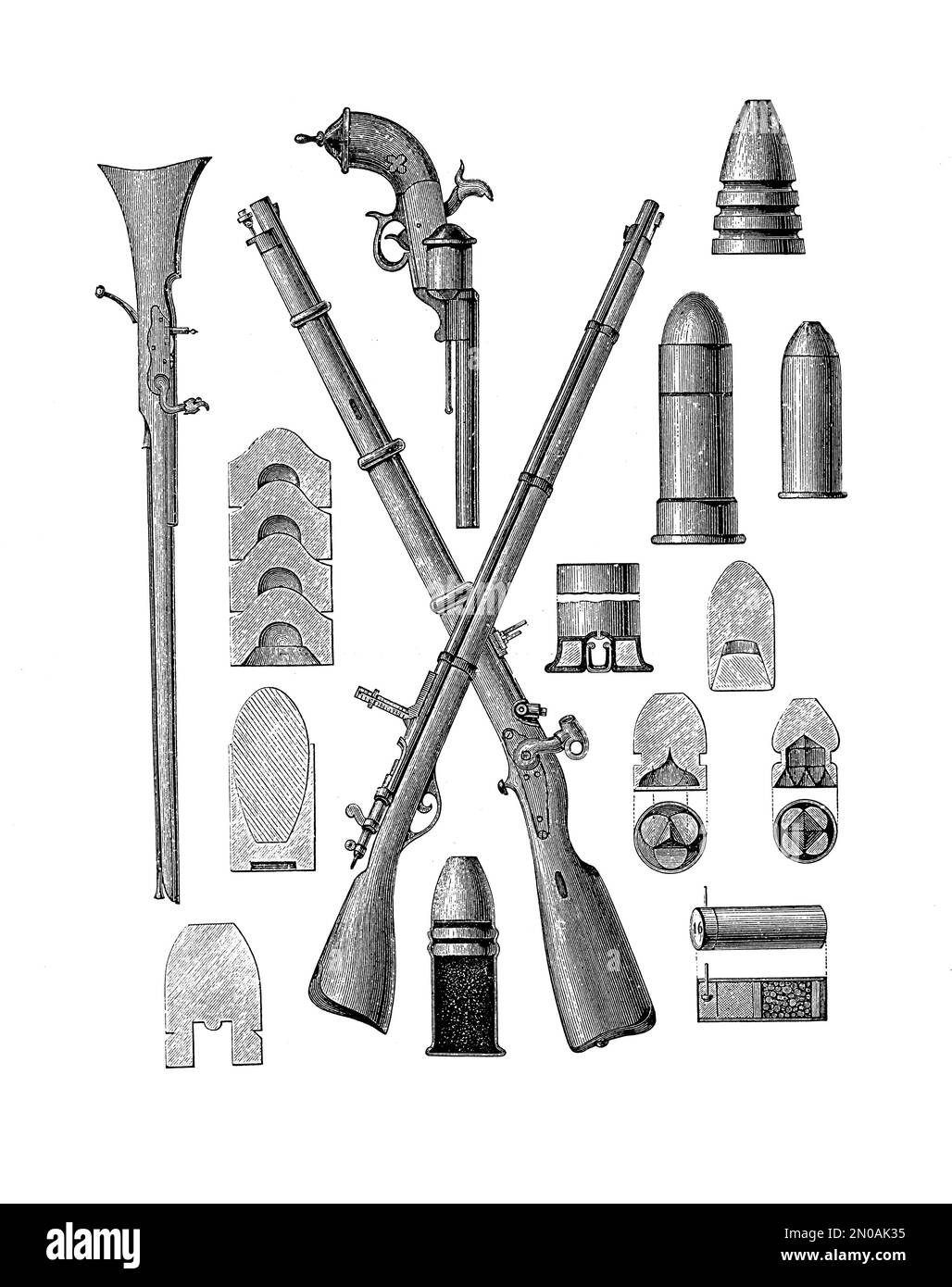 Antica incisione del 19th° secolo raffigurante fucili e munizioni, XIX secolo - fucile Cossacks, fucile fiammiferi, revolver Lefaucheux, cartucce, caniste Foto Stock