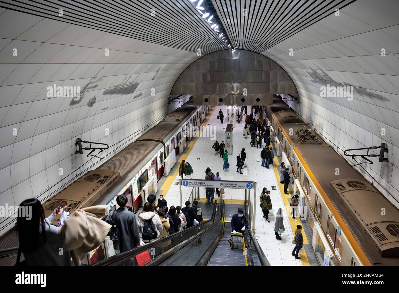 Yokohama, Prefettura di Kanagawa, Giappone. 5th Feb, 2023. Il livello della piattaforma della stazione di Motomachi-Chukagai. (å…ƒç”ºãƒ»ä¸-è¯è¡-é§…) Con un treno di proprietà di Tokyu Corporation (a sinistra) e un treno di proprietà della metropolitana di Tokyo (a destra) che passa attraverso il servizio di corsa per la Chinatown di Yokohama attraverso la linea pubblica della metropolitana di Tokyo Fukutoshin e la linea Tokyu Toyoko. La linea Minato Mirai, conosciuta in giapponese come Æ¸¯ã¿ã‚ ã„·š ( Minato Mirai-sen), è una linea di transito rapido situata a Yokohama, Giappone. E' di proprietà della metropolitana municipale di Yokohama ma gestita dalla Tokyu Corporation e collega il centro di Yokohama con la M. Foto Stock