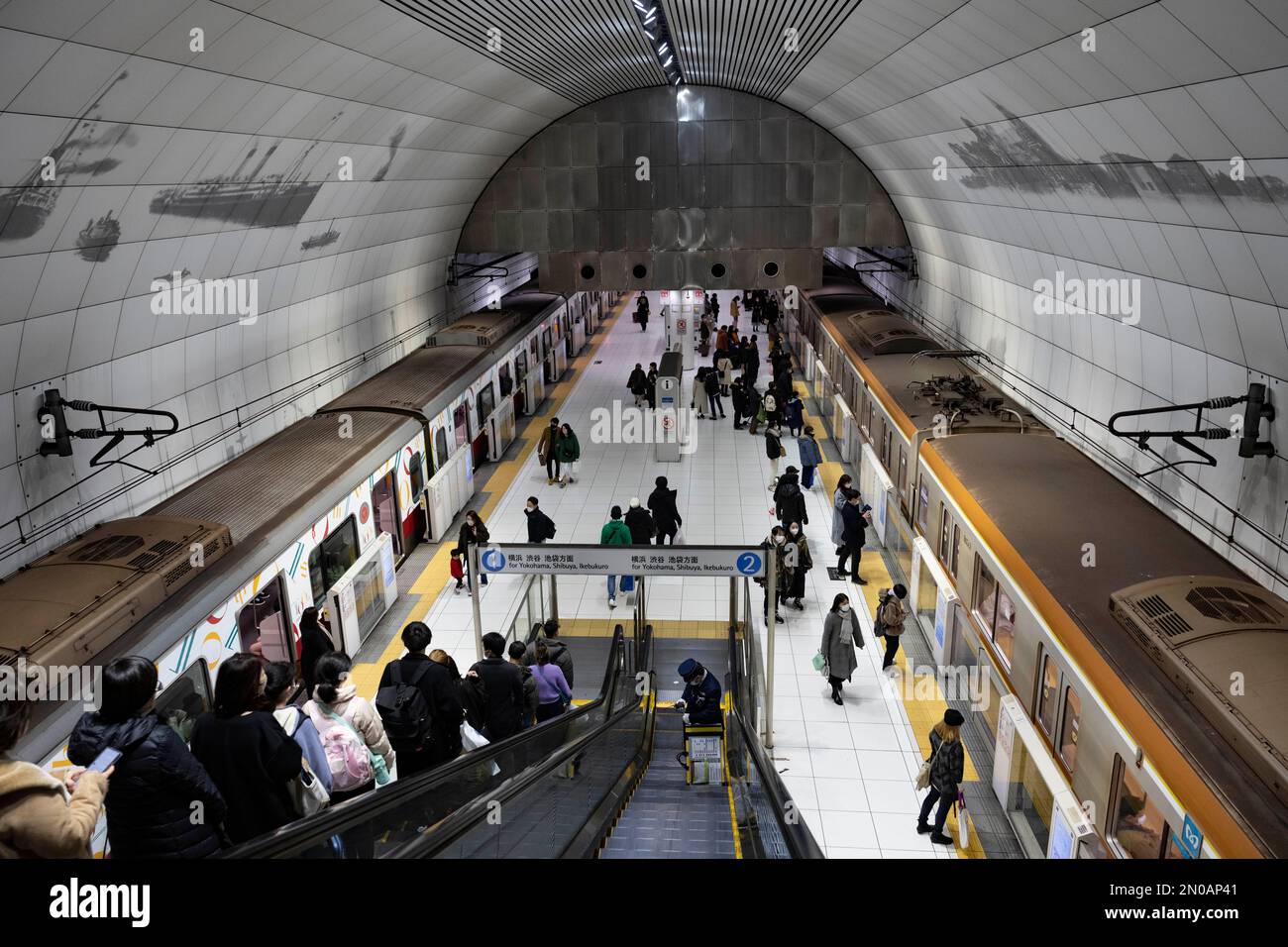 Yokohama, Prefettura di Kanagawa, Giappone. 5th Feb, 2023. Il livello della piattaforma della stazione di Motomachi-Chukagai. (å…ƒç”ºãƒ»ä¸-è¯è¡-é§…) Con un treno di proprietà di Tokyu Corporation (a sinistra) e un treno di proprietà della metropolitana di Tokyo (a destra) che passa attraverso il servizio di corsa per la Chinatown di Yokohama attraverso la linea pubblica della metropolitana di Tokyo Fukutoshin e la linea Tokyu Toyoko. La linea Minato Mirai, conosciuta in giapponese come Æ¸¯ã¿ã‚ ã„·š ( Minato Mirai-sen), è una linea di transito rapido situata a Yokohama, Giappone. E' di proprietà della metropolitana municipale di Yokohama ma gestita dalla Tokyu Corporation e collega il centro di Yokohama con la M. Foto Stock