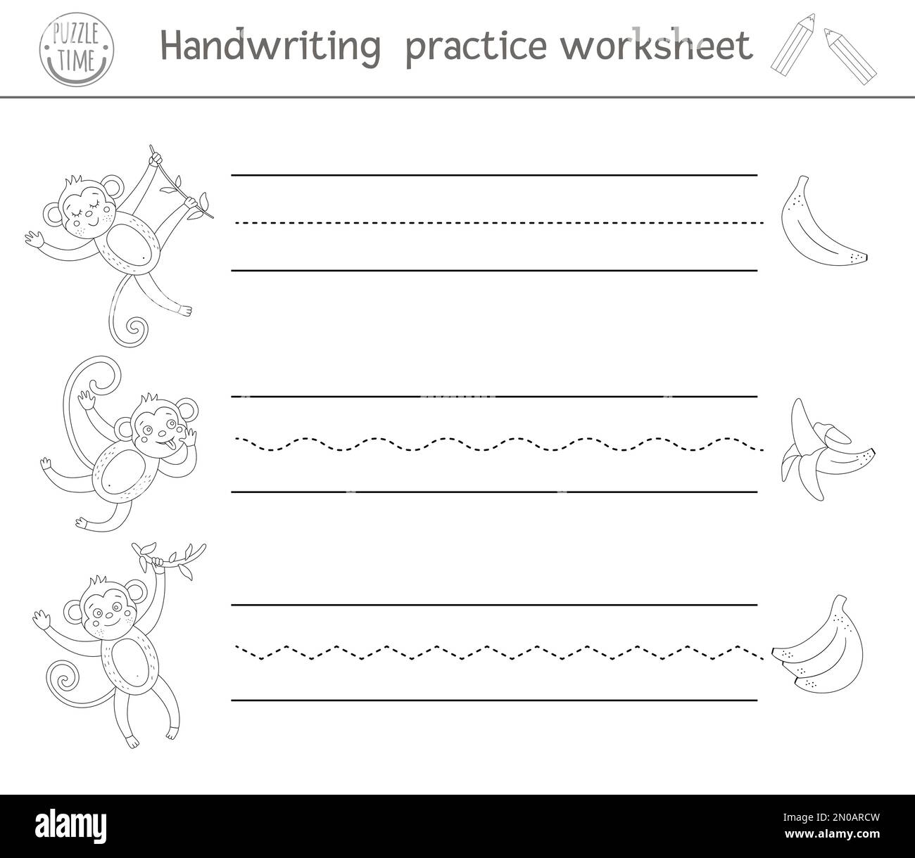 Foglio di lavoro di esercitazione sulla grafia vettoriale. Attività stampabile in bianco e nero per bambini in età prescolare. Gioco educativo per lo sviluppo di abilità di scrittura. TR Illustrazione Vettoriale