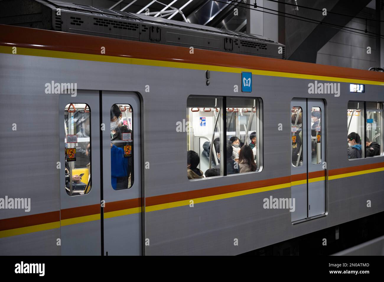 Yokohama, Prefettura di Kanagawa, Giappone. 5th Feb, 2023. Il livello della piattaforma della stazione Shin-takashima. (æ-°é«˜å³¶é§…) Con un treno di proprietà della metropolitana di Tokyo che passa attraverso il servizio di corsa per la Chinatown di Yokohama attraverso la linea pubblica della metropolitana di Tokyo Fukutoshin e la linea Tokyu Toyoko. La linea Minato Mirai, conosciuta in giapponese come Æ¸¯ã¿ã‚ ã„·š (Minato Mirai-sen), è una linea di transito rapido situata a Yokohama, Giappone. E' di proprietà della Metropolitana Municipale di Yokohama ma gestita dalla Tokyu Corporation e collega il centro di Yokohama con il quartiere Minato Mirai 21, un moderno centro commerciale e finanziario. La linea Foto Stock