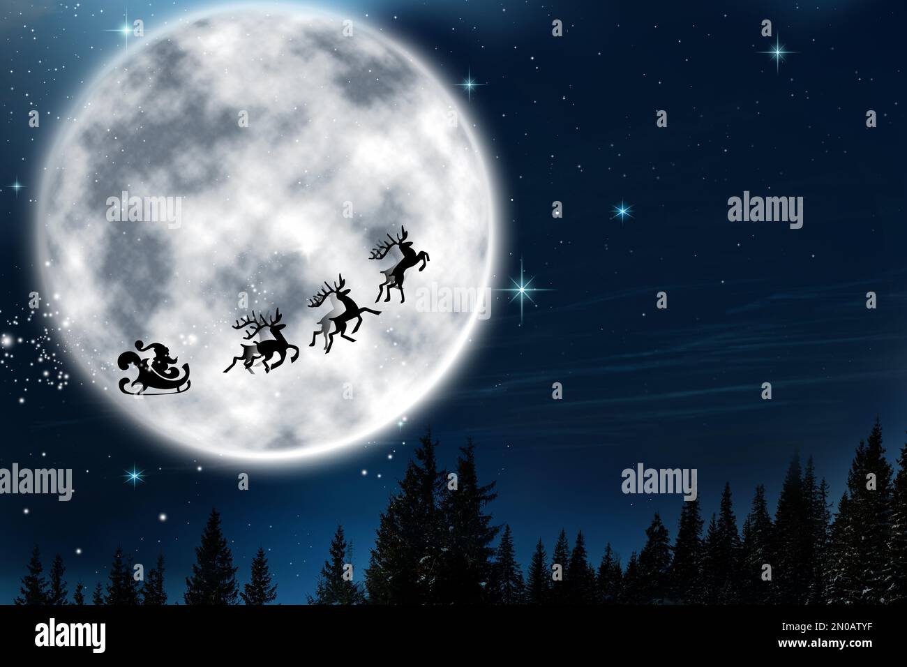 Magia vigilia di Natale. Babbo Natale con renne che volano in cielo nella notte di luna piena Foto Stock