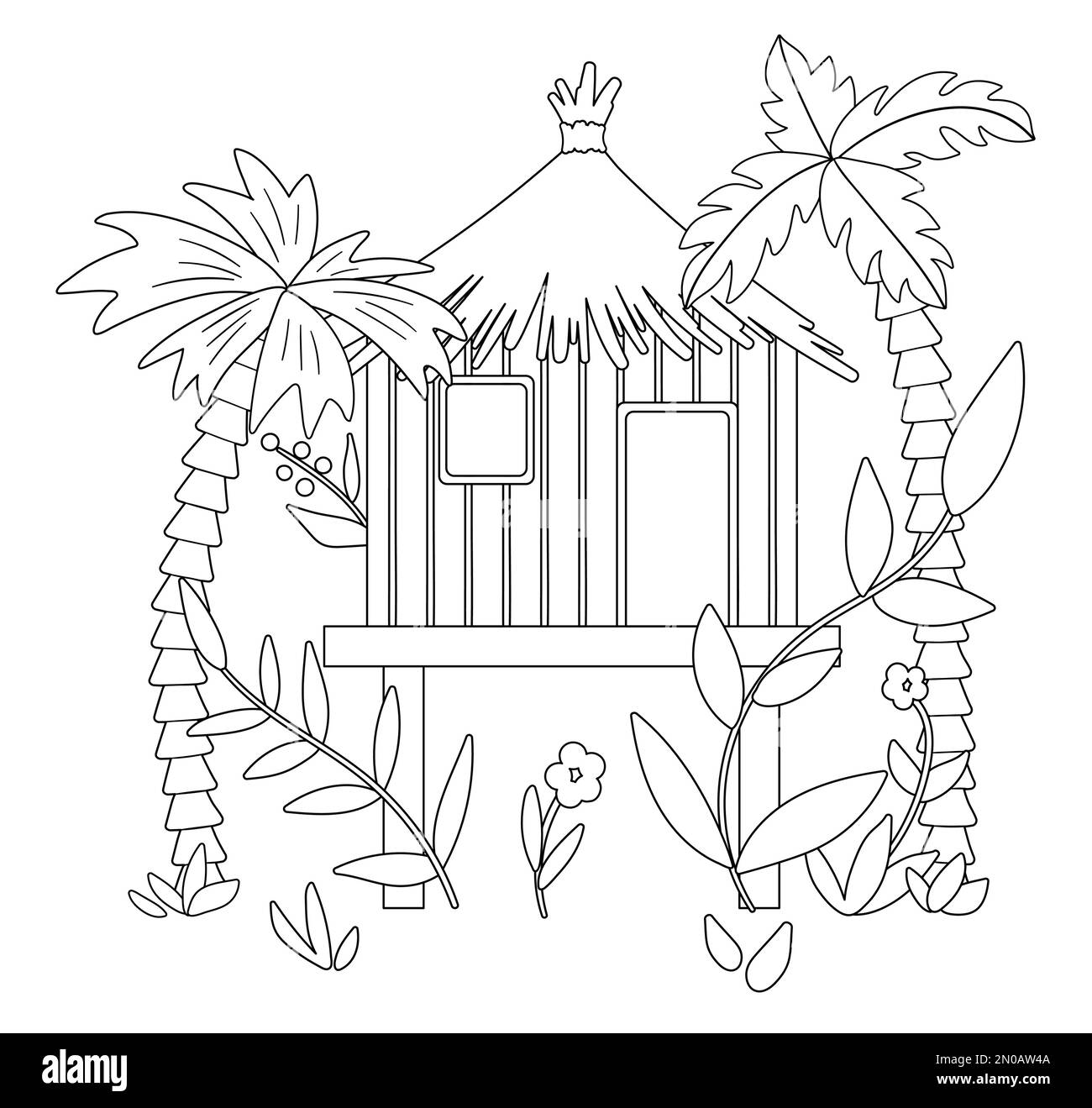 Immagine vettoriale in bianco e nero di una giungla con palme e foglie. Bungalow tropicale su disegno palafitte. Carino divertente casa esotica in prima linea Illustrazione Vettoriale