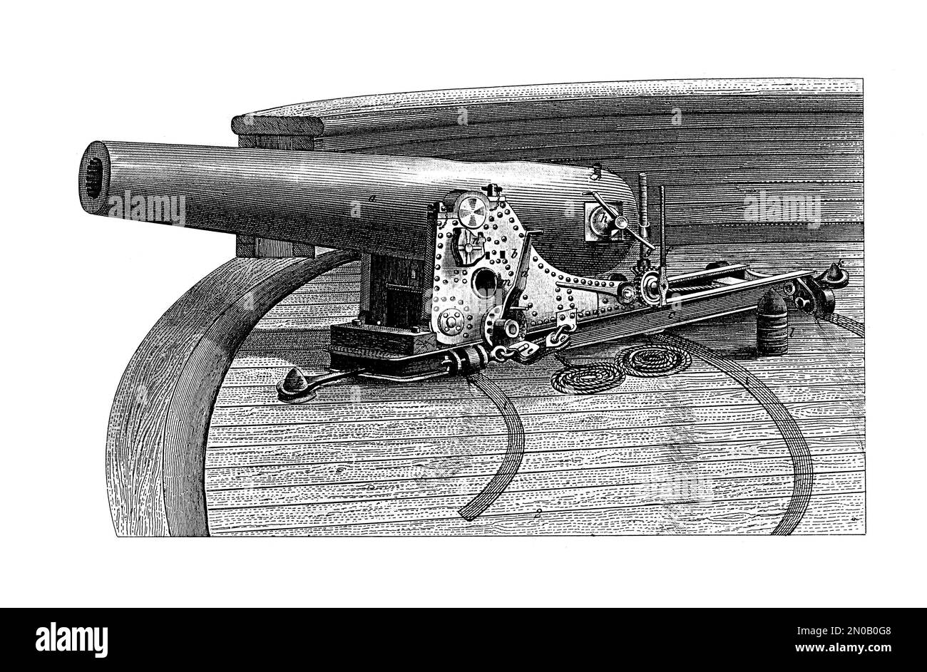 Incisione antica di cannone da 72 libbre su una nave da guerra. Illustrazione pubblicata in Systematischer Bilder Atlas - Kriegwesen und Seewesen, Ikonographische en Foto Stock