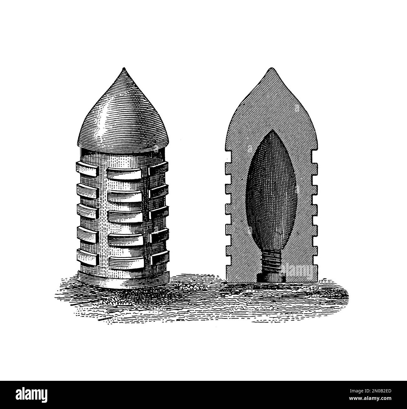 illustrazione del 19th° secolo delle munizioni di artiglieria. Incisione pubblicata su Systematischer Bilder Atlas - Kriegwesen und Seewesen, Ikonographische Encykl Foto Stock