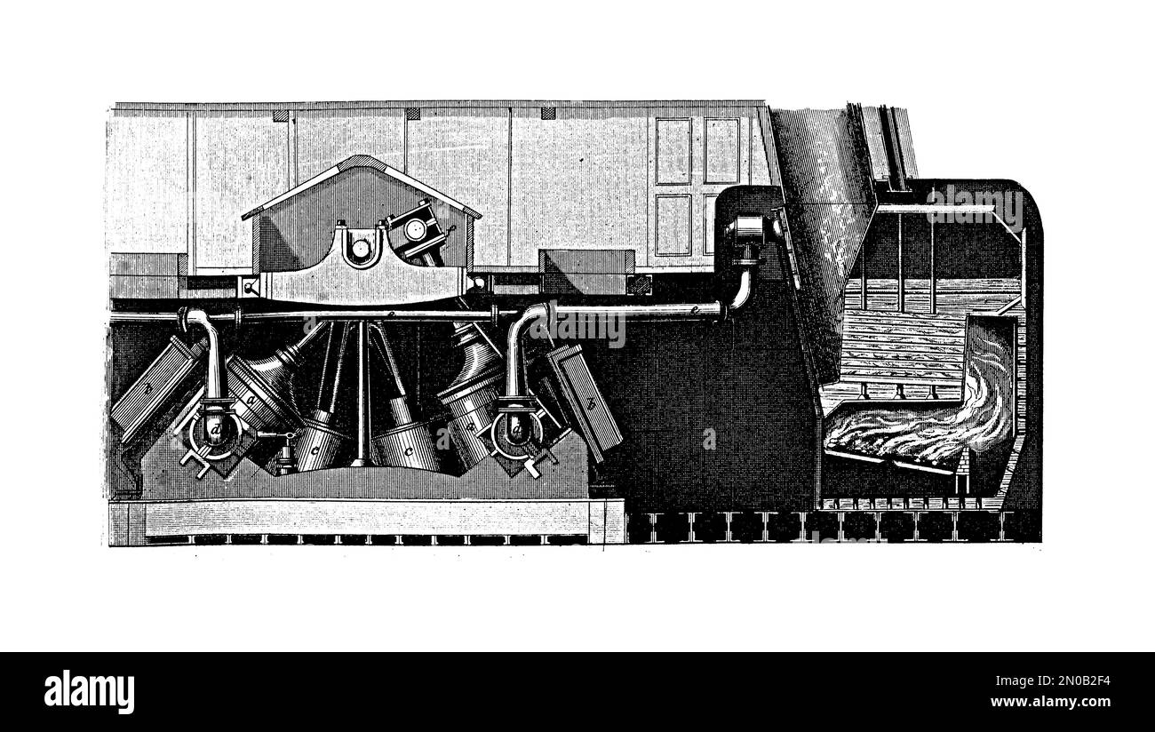 Antica illustrazione di macchine in una vaporiera a pale. Incisione pubblicata su Systematischer Bilder Atlas - Kriegwesen und Seewesen, Ikonographische en Foto Stock
