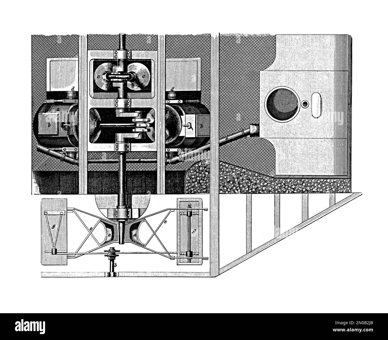 Antica illustrazione di macchine in una vaporiera a pale. Incisione pubblicata su Systematischer Bilder Atlas - Kriegwesen und Seewesen, Ikonographische en Foto Stock