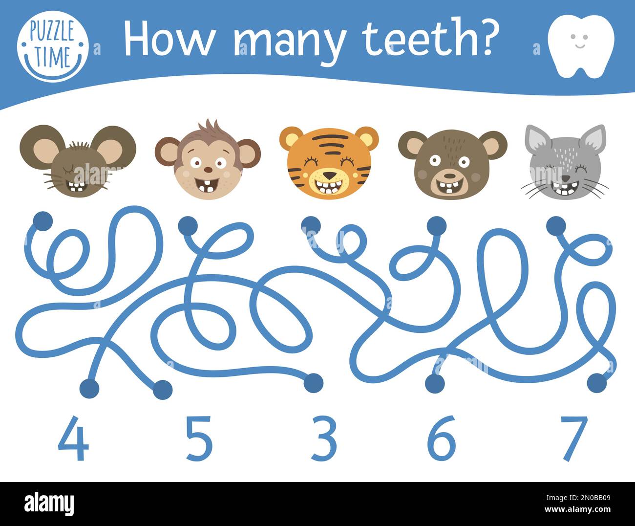 Labirinto di cure dentistiche per bambini. Attività di matematica prescolare con gli animali toothy. Divertente gioco di puzzle con carino mouse, scimmia, gatto, orso, tigre. Conteggio laby Illustrazione Vettoriale