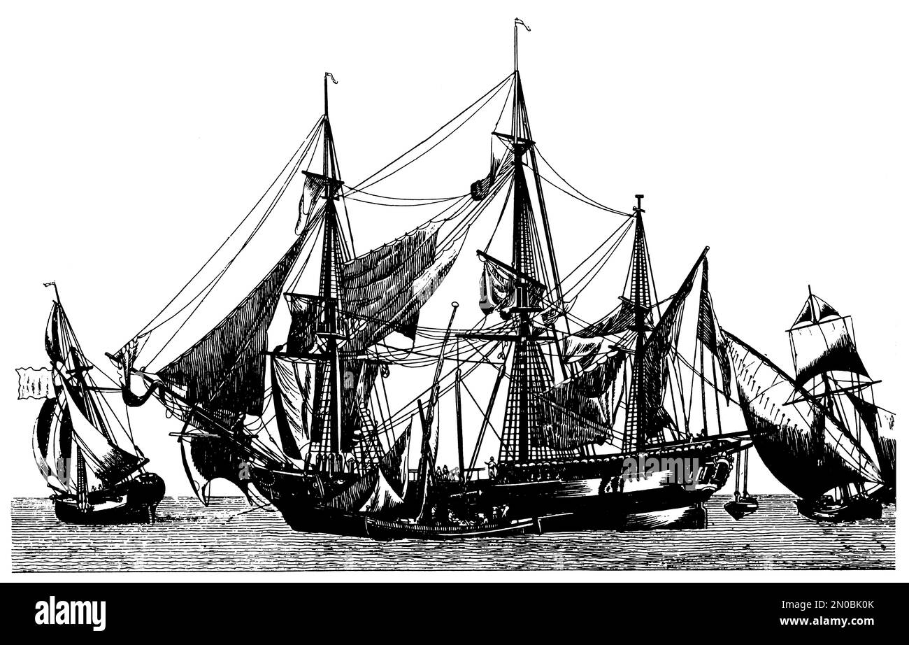 Antica incisione del 19th ° secolo di un gruppo di navi (isolato su bianco). Pubblicato in Systematischer Bilder-Atlas zum Conversations-Lexikon, Ikonograph Foto Stock