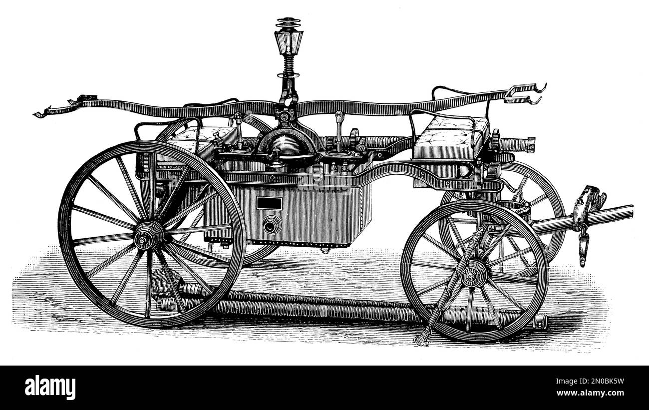 Incisione del XIX secolo di un motore antincendio a vapore del Systematischer Bilder-Atlas (Brockhaus, Lipsia, 1844), primo apparato antincendio. Foto Stock