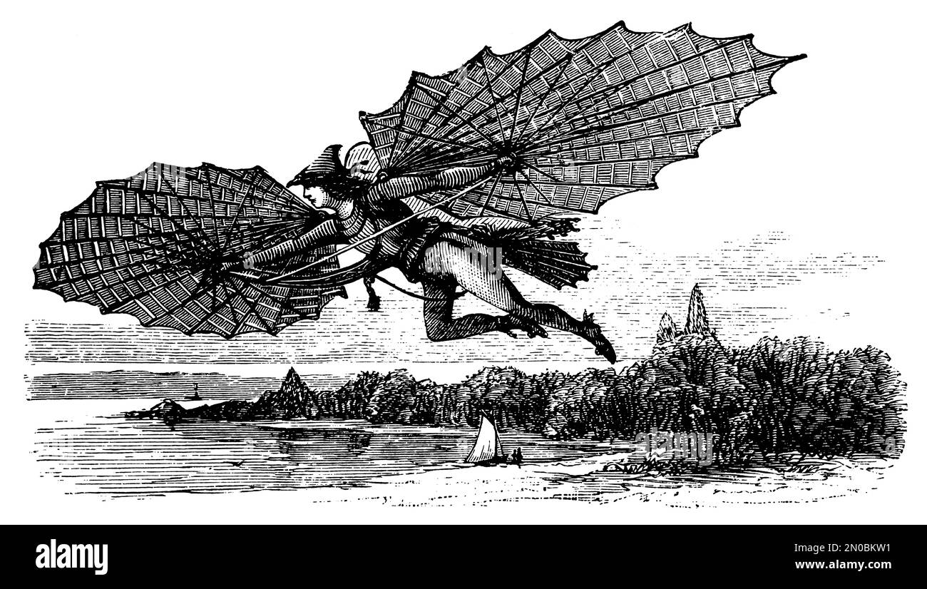 Antica incisione di un primo aliante della fine del XIX secolo, che mostra un apparato volante pionieristico con ali che illustrano l'aviazione sperimentale. Foto Stock