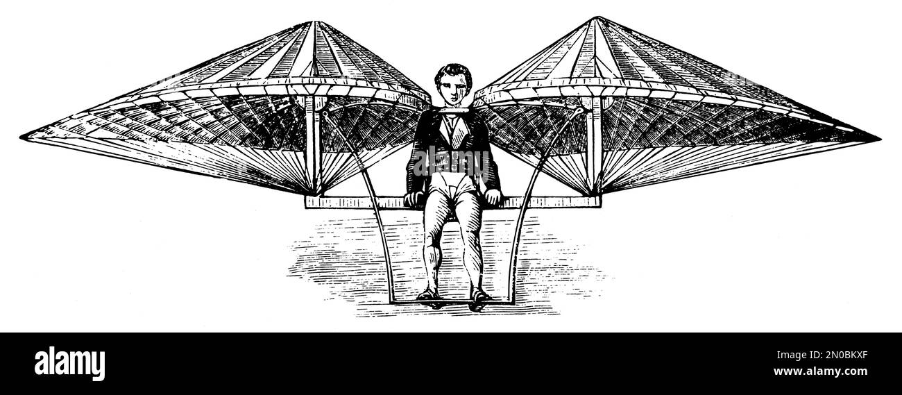 Incisione del XIX secolo della macchina volante ornitoptero a propulsione umana di Jakob Degen del Systematischer Bilder-Atlas, Brockhaus Leipzig (1844 circa). Foto Stock