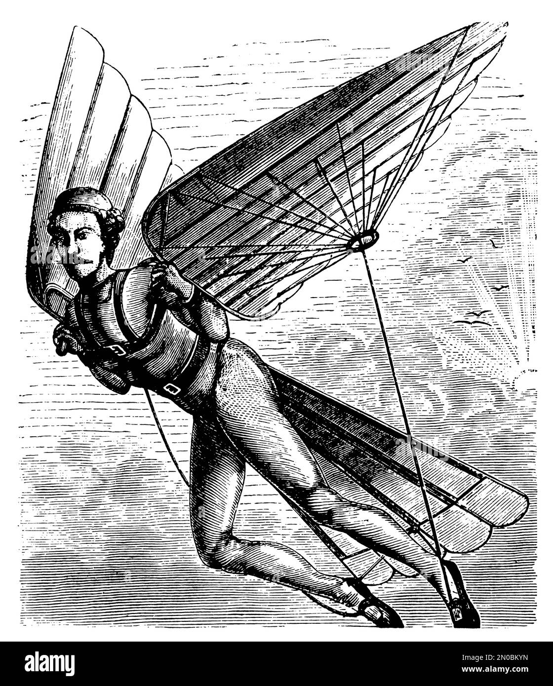 Incisione vintage di una macchina volante a propulsione umana con ali del XIX secolo, che mostra il design sperimentale dell'aviazione e l'invenzione del volo umano. Foto Stock