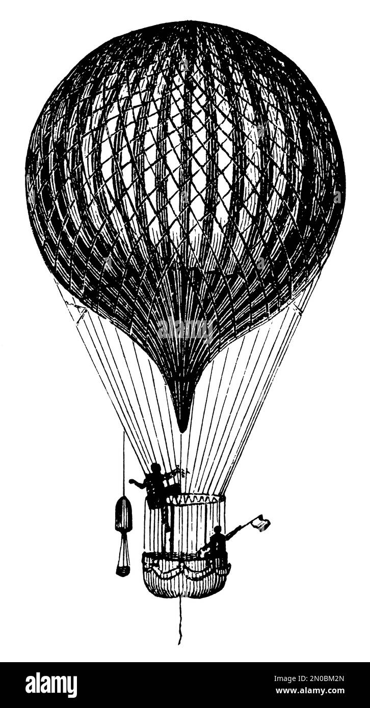 Incisione del XIX secolo di una prima mongolfiera dal Systematischer Bilder-Atlas zum Conversations-Lexikon, Brockhaus, Lipsia di Johann Georg Heck. Foto Stock