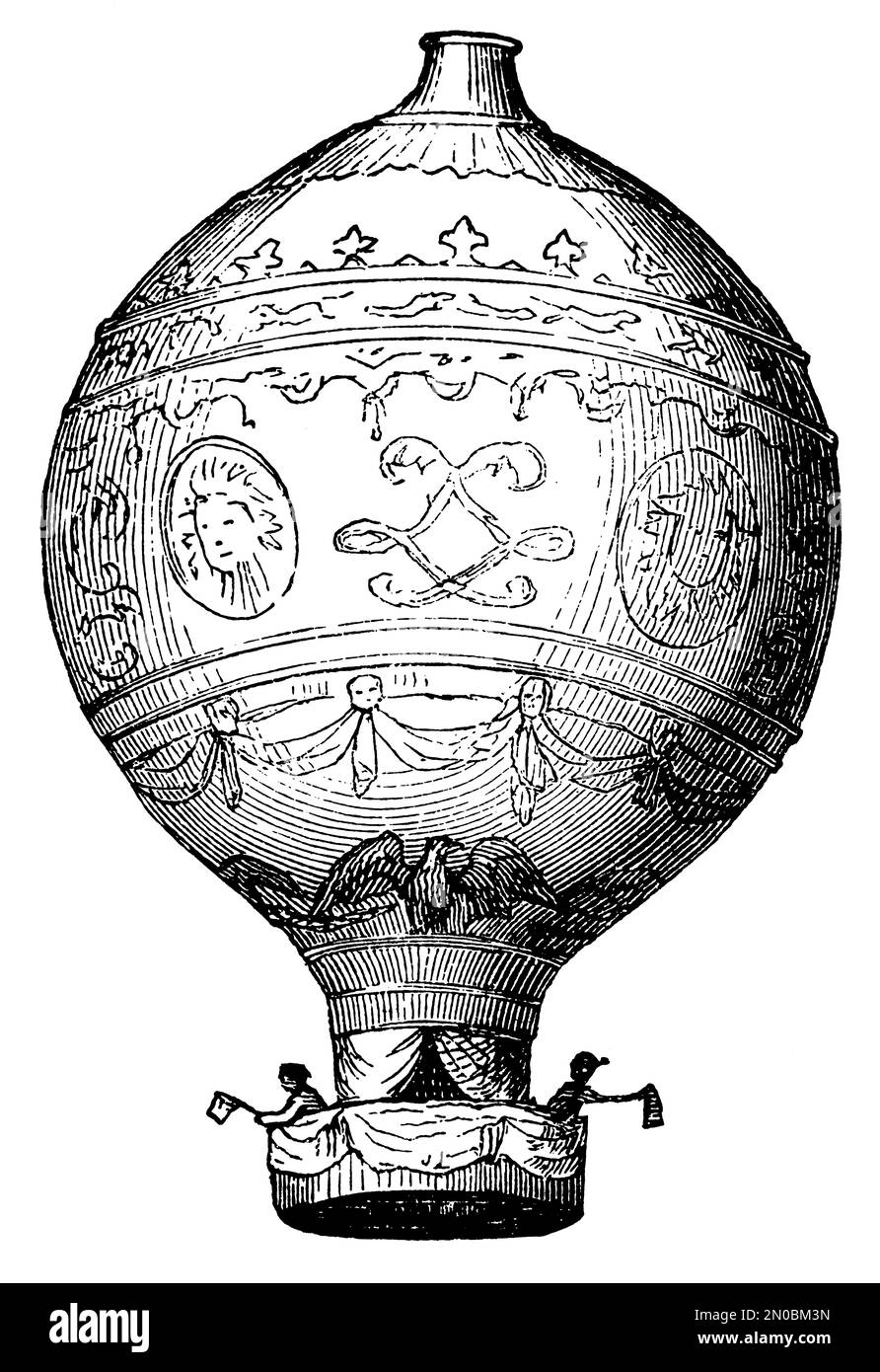 Illustrazione vintage del mongolfiera dei fratelli Montgolfier (isolato su bianco). Pubblicato in Systematischer Bilder-Atlas zum Conversations-Lexikon, Foto Stock