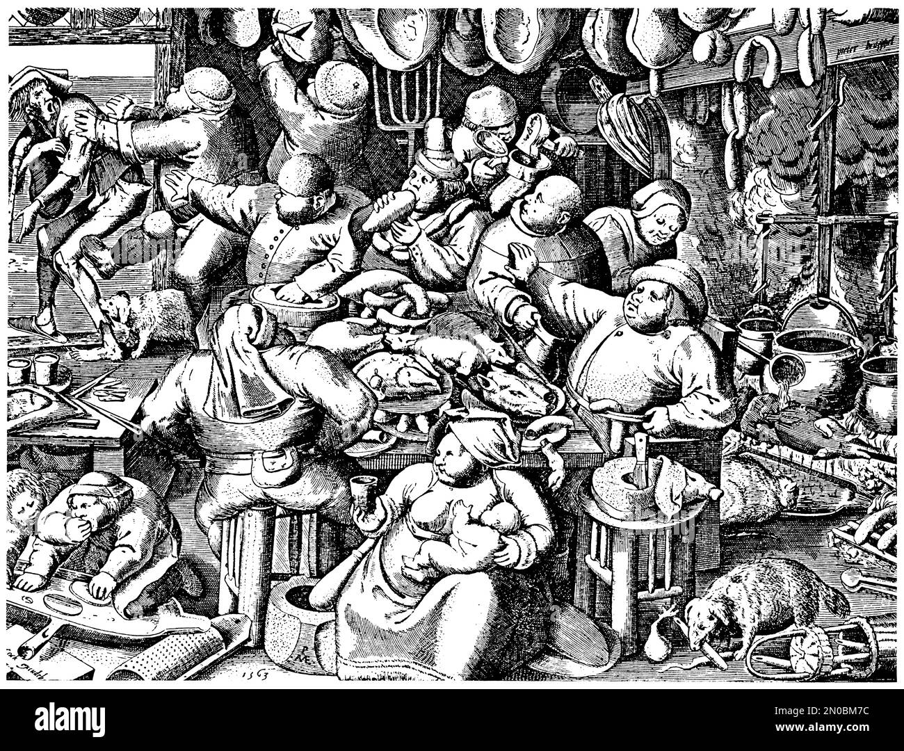 19th ° secolo illustrazione di una cucina medievale (isolato su bianco). Pubblicato in Systematischer Bilder-Atlas zum Conversations-Lexikon, Ikonographisc Foto Stock