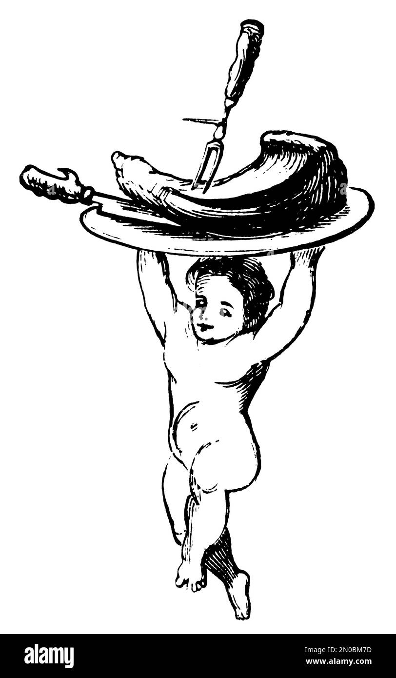 Immagine antica di un bambino che porta un piatto (isolato su bianco). Pubblicato in Systematischer Bilder-Atlas zum Conversations-Lexikon, Ikonographis Foto Stock