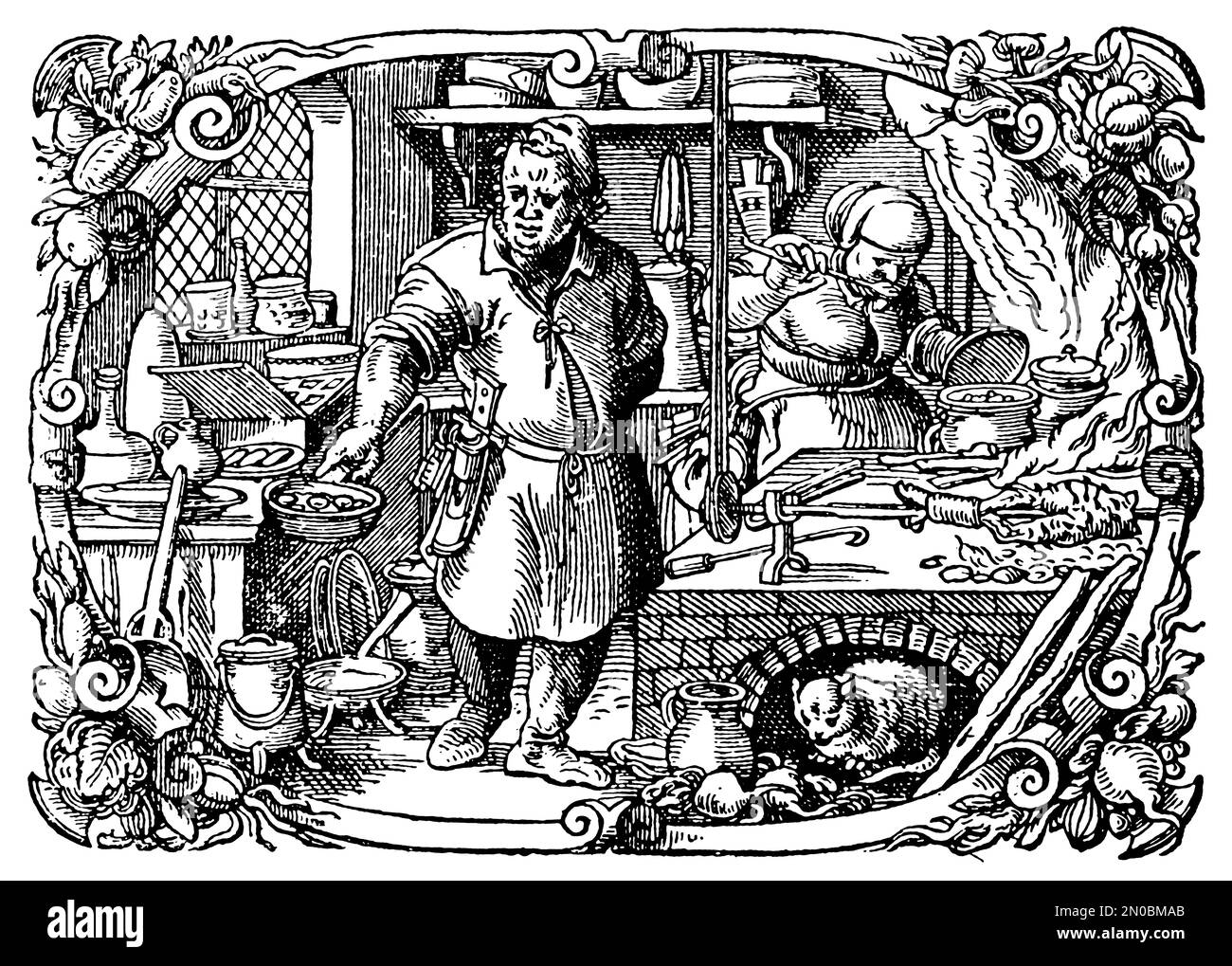 Incisione vintage di una cucina medievale (isolata su bianco). Pubblicato in Systematischer Bilder-Atlas zum Conversations-Lexikon, Ikonographische Encyk Foto Stock