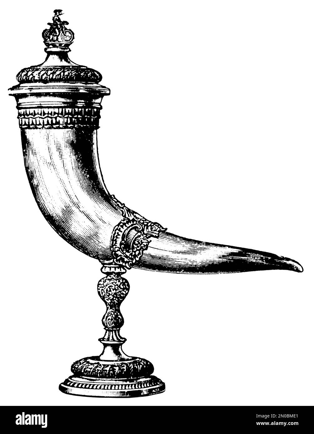 illustrazione del 19th° secolo di un corno da bere (isolato su bianco). Pubblicato in Systematischer Bilder-Atlas zum Conversations-Lexikon, Ikonographische Foto Stock