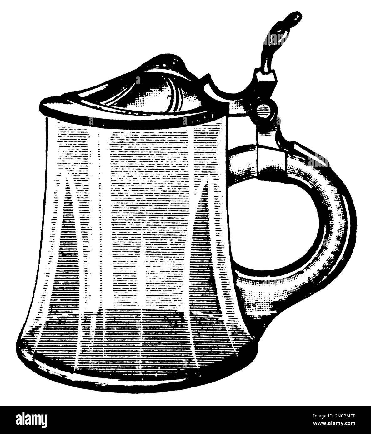 Antica illustrazione di una birra stein (isolato su bianco). Pubblicato in Systematischer Bilder-Atlas zum Conversations-Lexikon, Ikonographische Encyklop Foto Stock