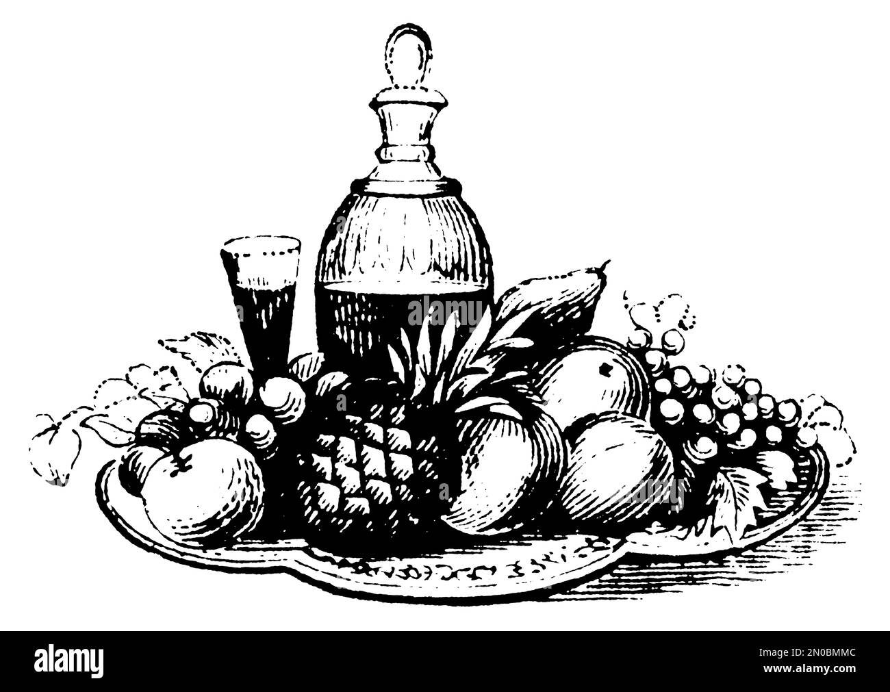 Antica illustrazione del 19th ° secolo di un vassoio con frutta (isolato su bianco). Pubblicato in Systematischer Bilder-Atlas zum Conversations-Lexikon, ikono Foto Stock