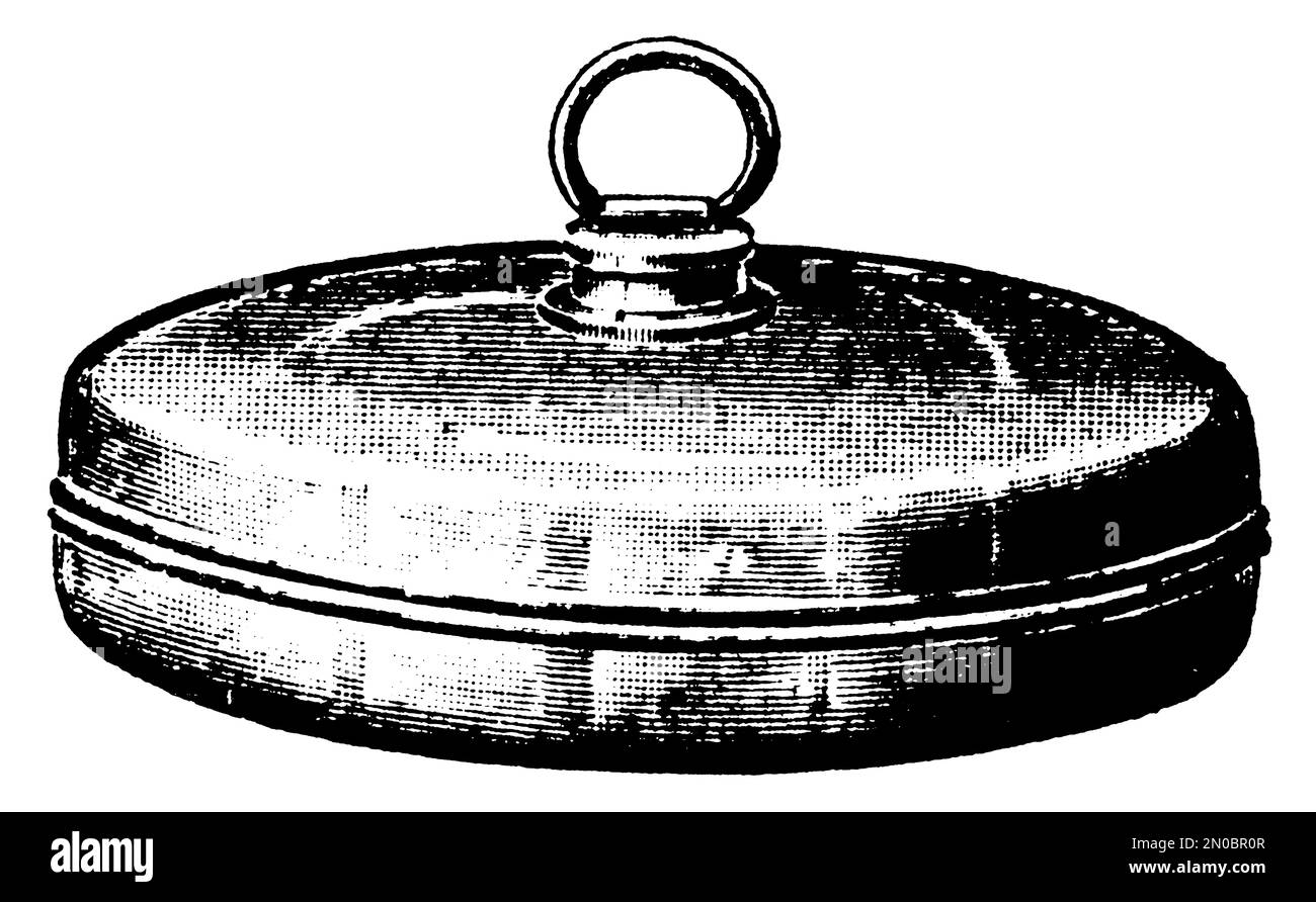 Antica incisione del 19th° secolo di un vassoio con coperchio (isolato su bianco). Pubblicato in Systematischer Bilder-Atlas zum Conversations-Lexikon, Ikonograp Foto Stock