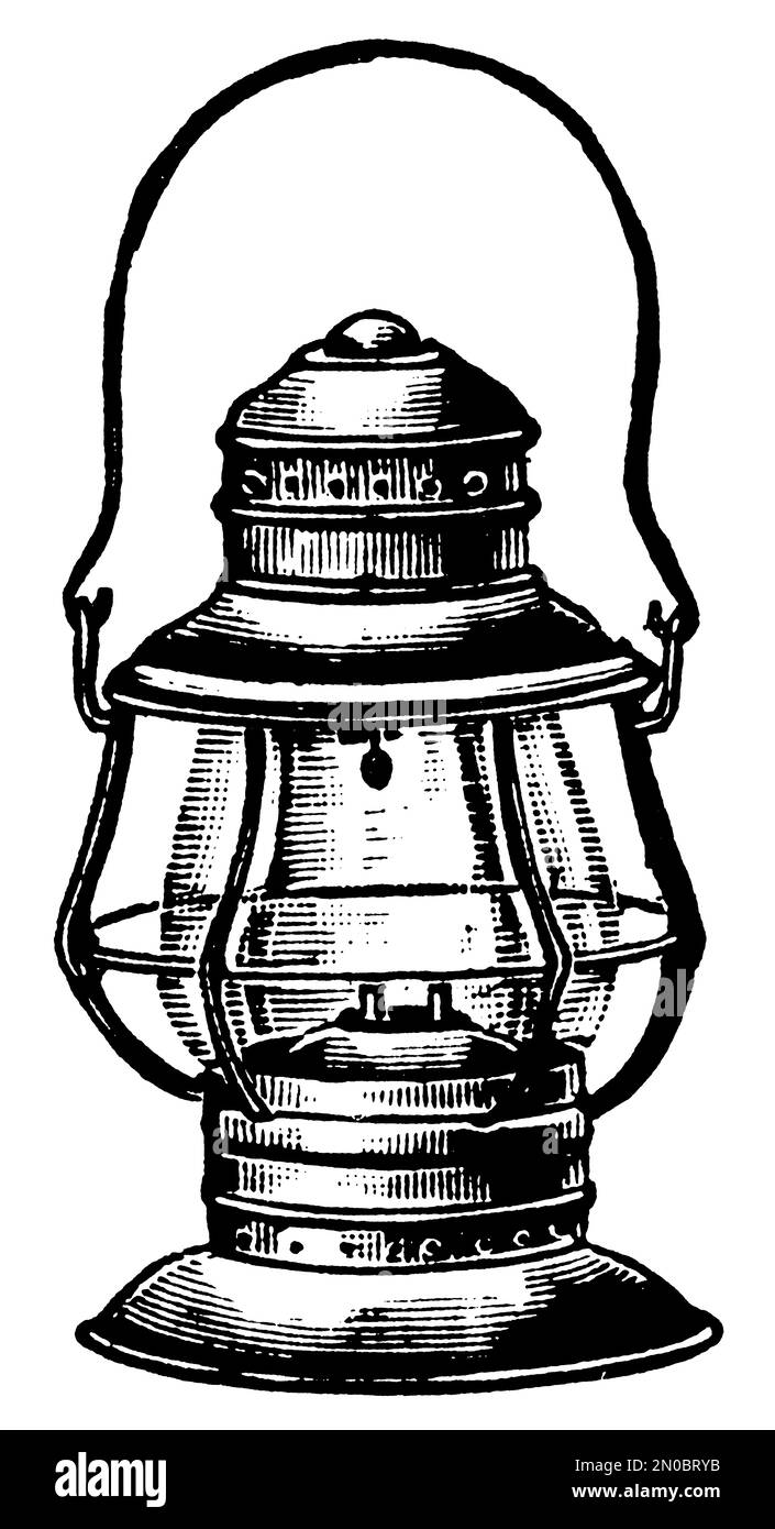 incisione del 19th° secolo di una prima lanterna (isolata sul bianco). Pubblicato in Systematischer Bilder-Atlas zum Conversations-Lexikon, Ikonographische it Foto Stock