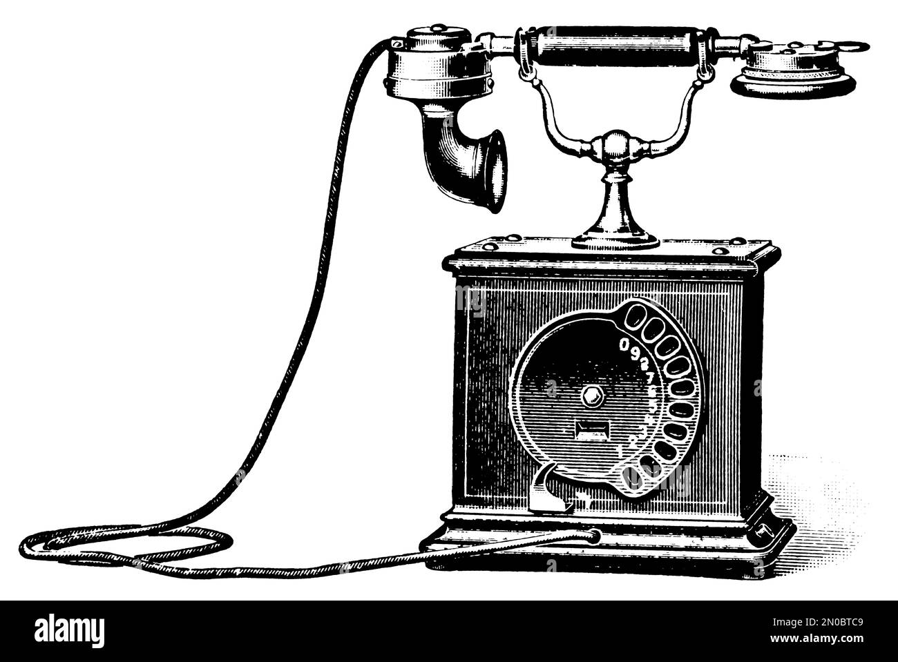 Antica incisione del 19th° secolo di un telefono antico (isolato su bianco). Pubblicato in Systematischer Bilder-Atlas zum Conversations-Lexikon, Ikonogra Foto Stock