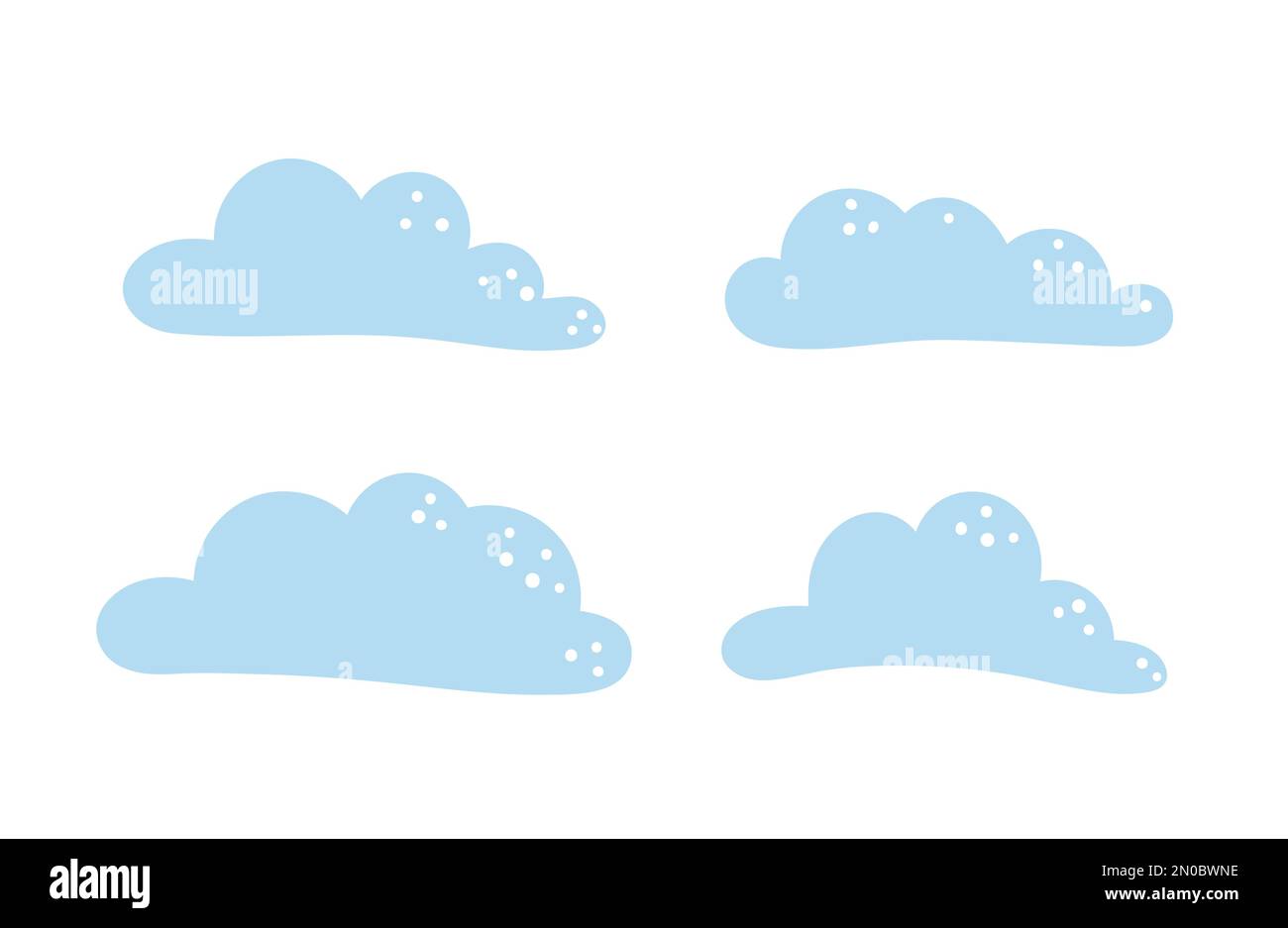 Set vettoriale di belle nuvole blu piatto stile. Simpatica illustrazione del cielo dei cartoni animati per i bambini. Allegre icone infantili isolate su sfondo bianco. Illustrazione Vettoriale