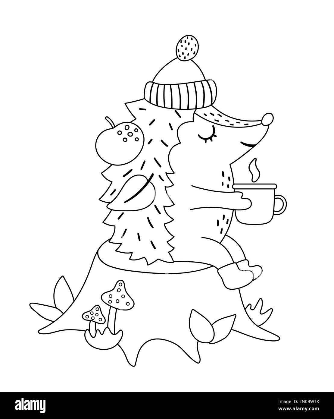 Carino riccio bianco e nero seduto sul moncone con tè caldo vicino al fuoco. Carattere vettoriale autunnale isolato su sfondo bianco. Caduta dei mari Illustrazione Vettoriale