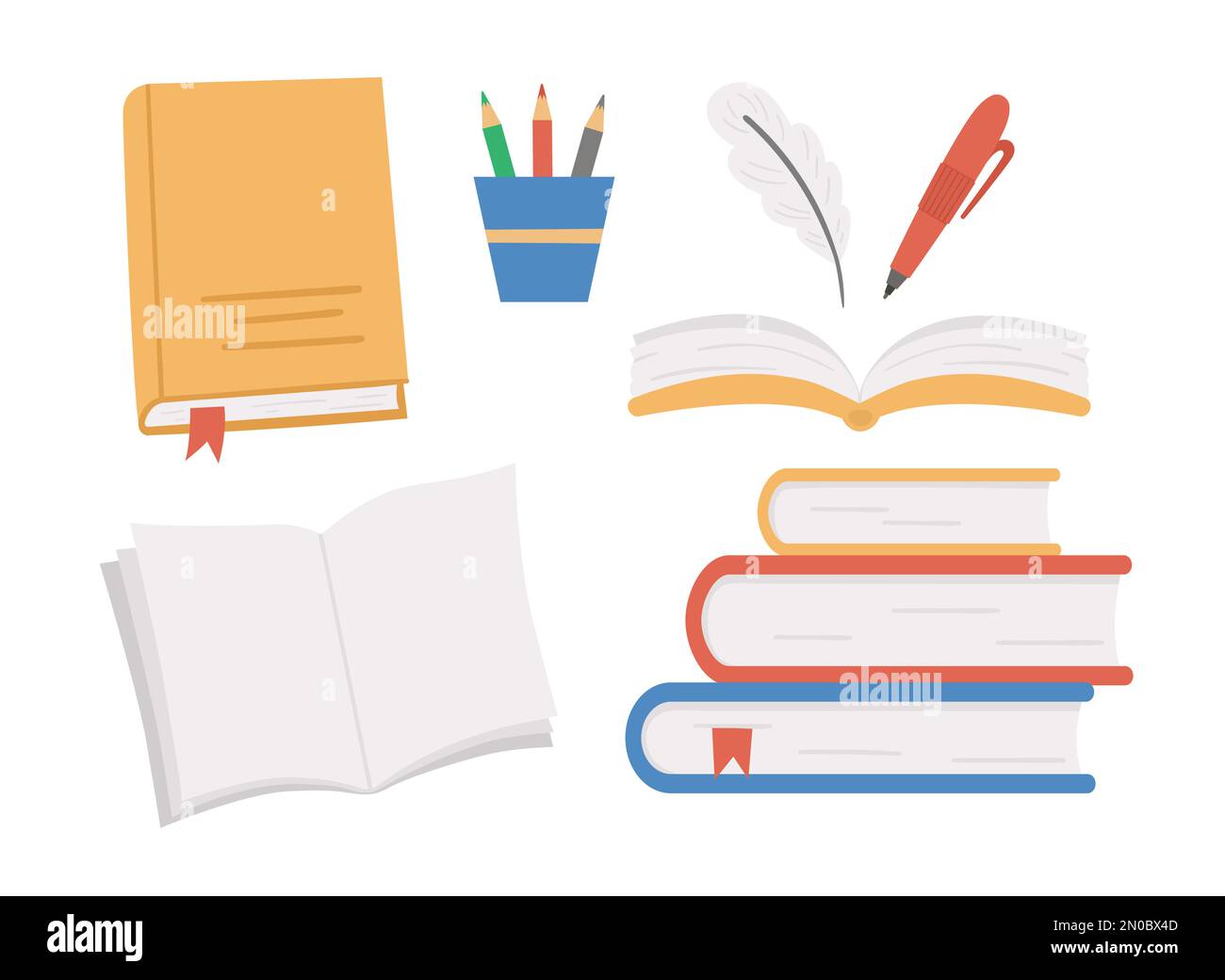 Set di libri vettoriali. Torna alla clipart scolastica. Bella figura piatta con taccuini aperti, pile di libri, penna matite, piuma. Apprendimento Illustrazione Vettoriale