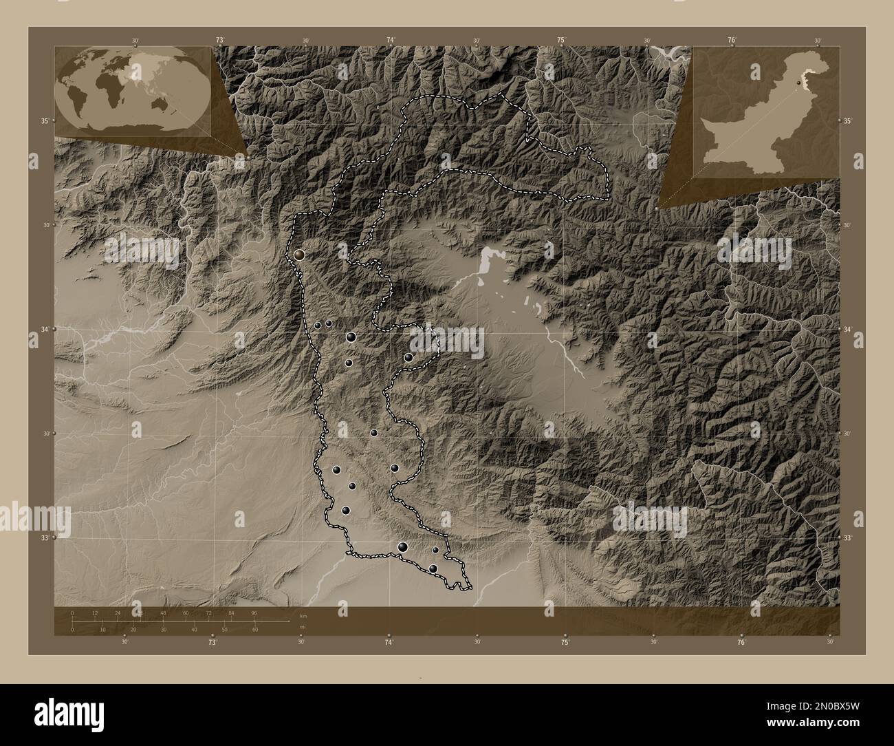 Azad Kashmir, zona amministrata centralmente del Pakistan. Mappa dell